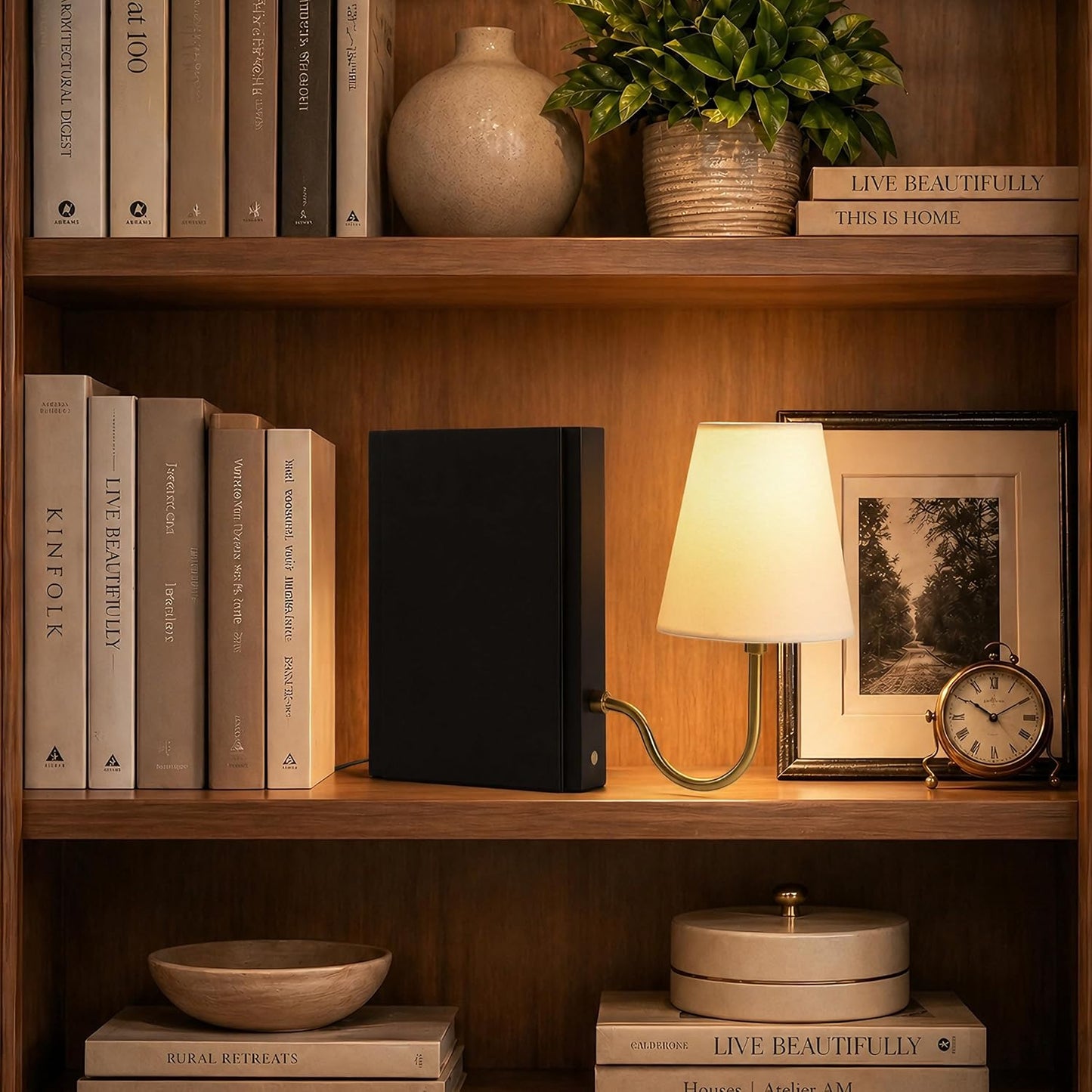 Solid Wood Bookshelf Lamp with Bulb, 3-Color Touch Control Dimmable Table Lamp with Linen Shade, Modern Decorative
