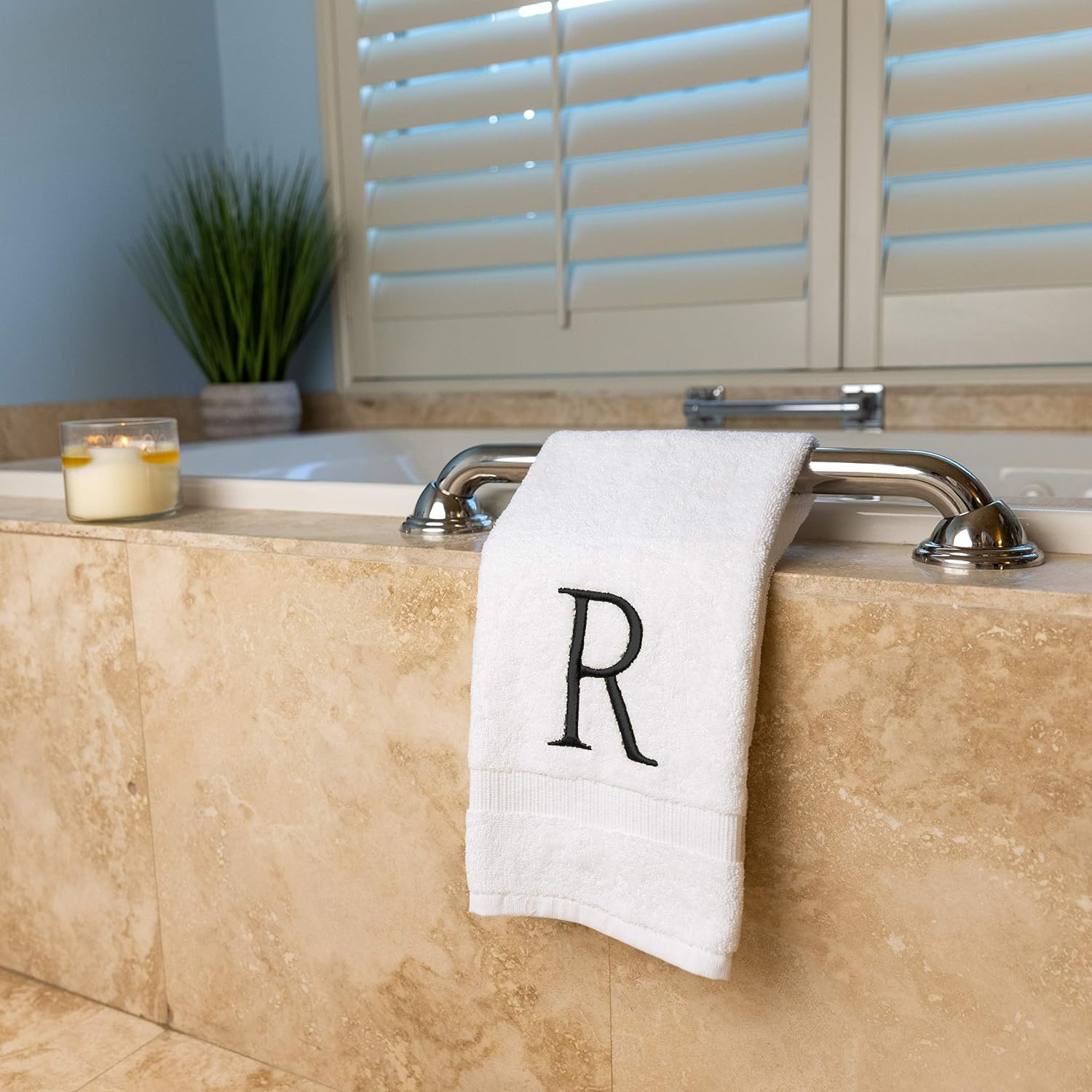 White with Dark Gray Monogrammed Hand Towels for Bathroom Set of 2 Letter R | Luxury Hotel Quality Initial Towels For