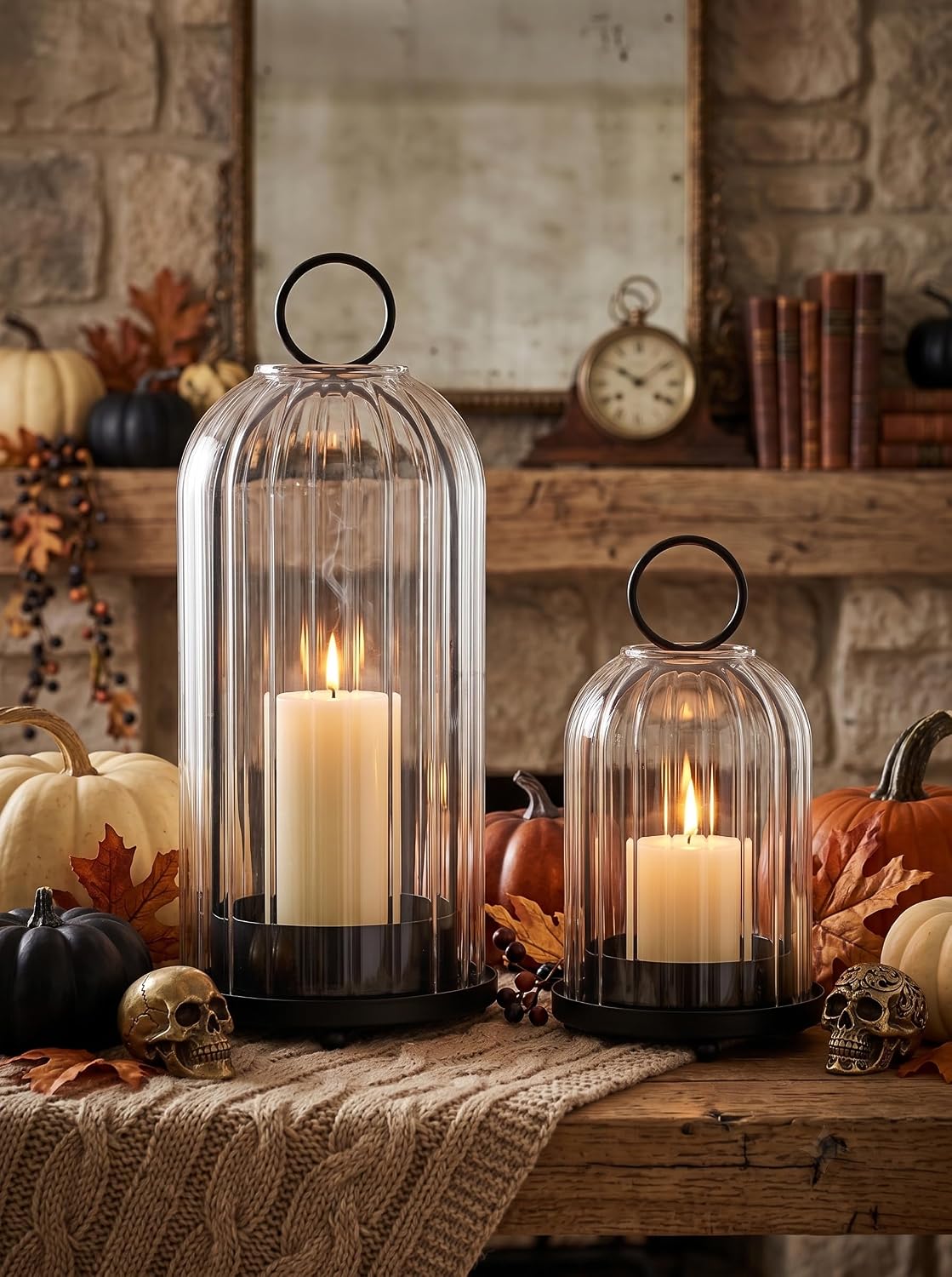 5" & 4" Metal Candle Holder with Ribbed Glass Candle Lanterns Set of 2, Vintage Windproof Hurricane Candle Holders for