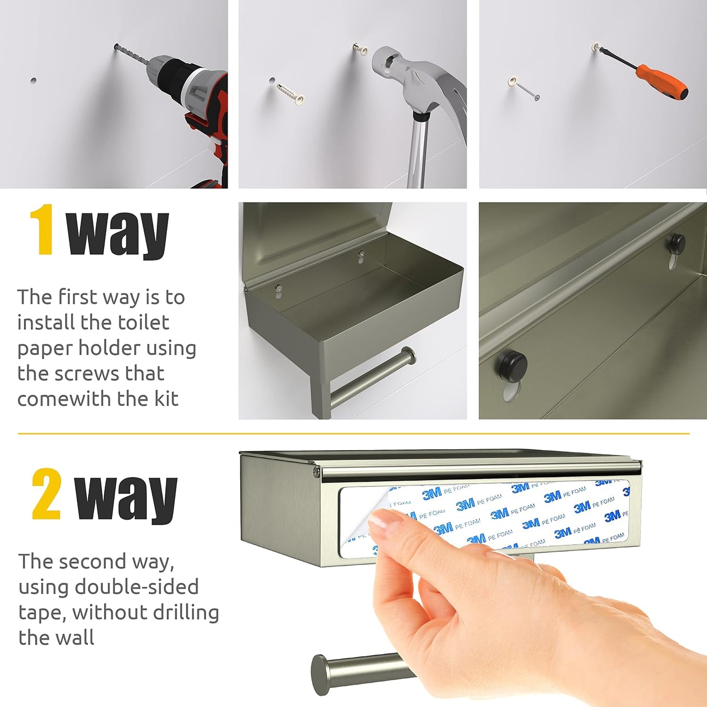Brushed Nickel Toilet Paper Holder Wall Mounted with Shelf & Wipes Storage – Stainless Steel SUS304 Modern Toilet