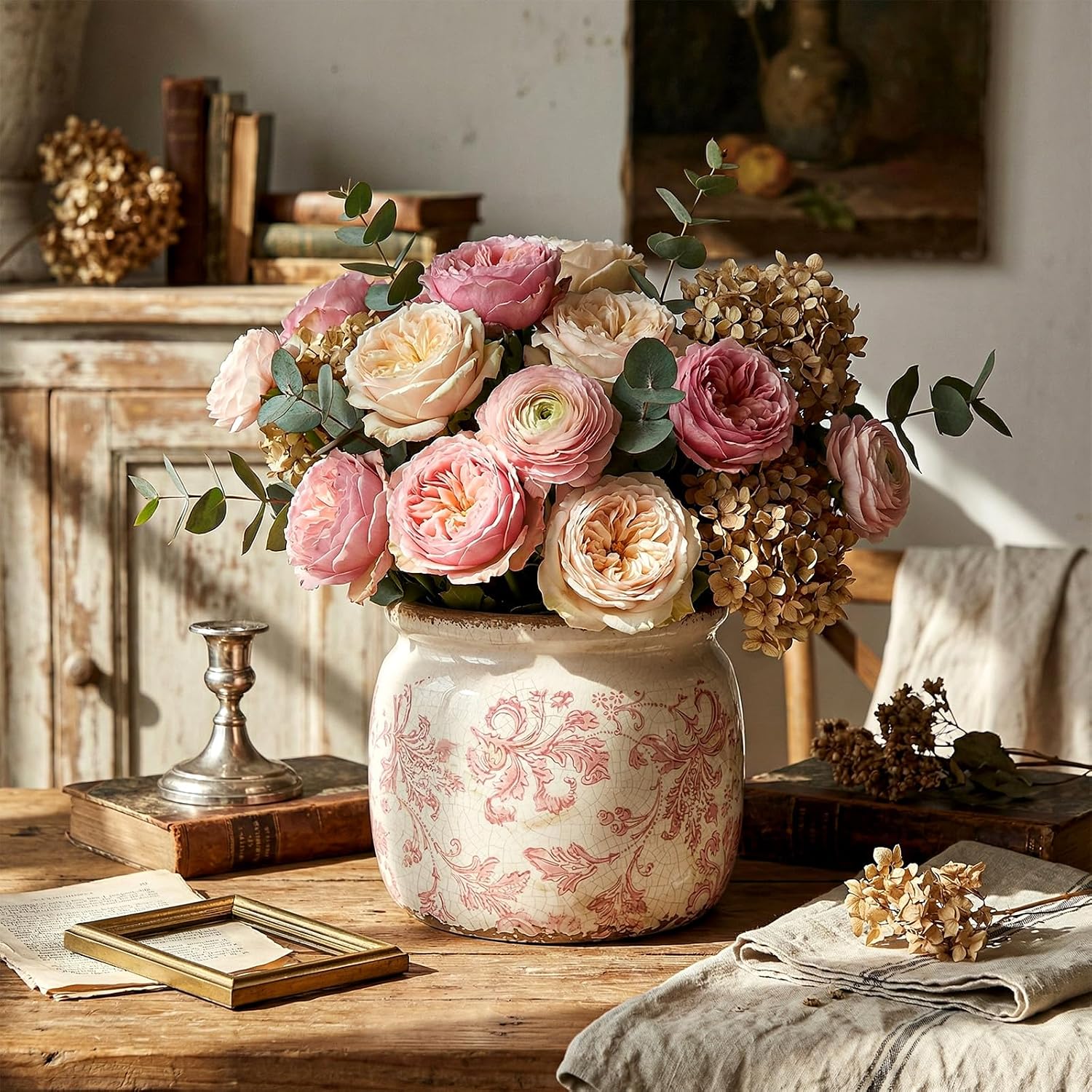 Vintage Planter Large Ceramic Plants Pot Ice Crack Cottage Scroll Vase Flower / Floral Scroll / Pink