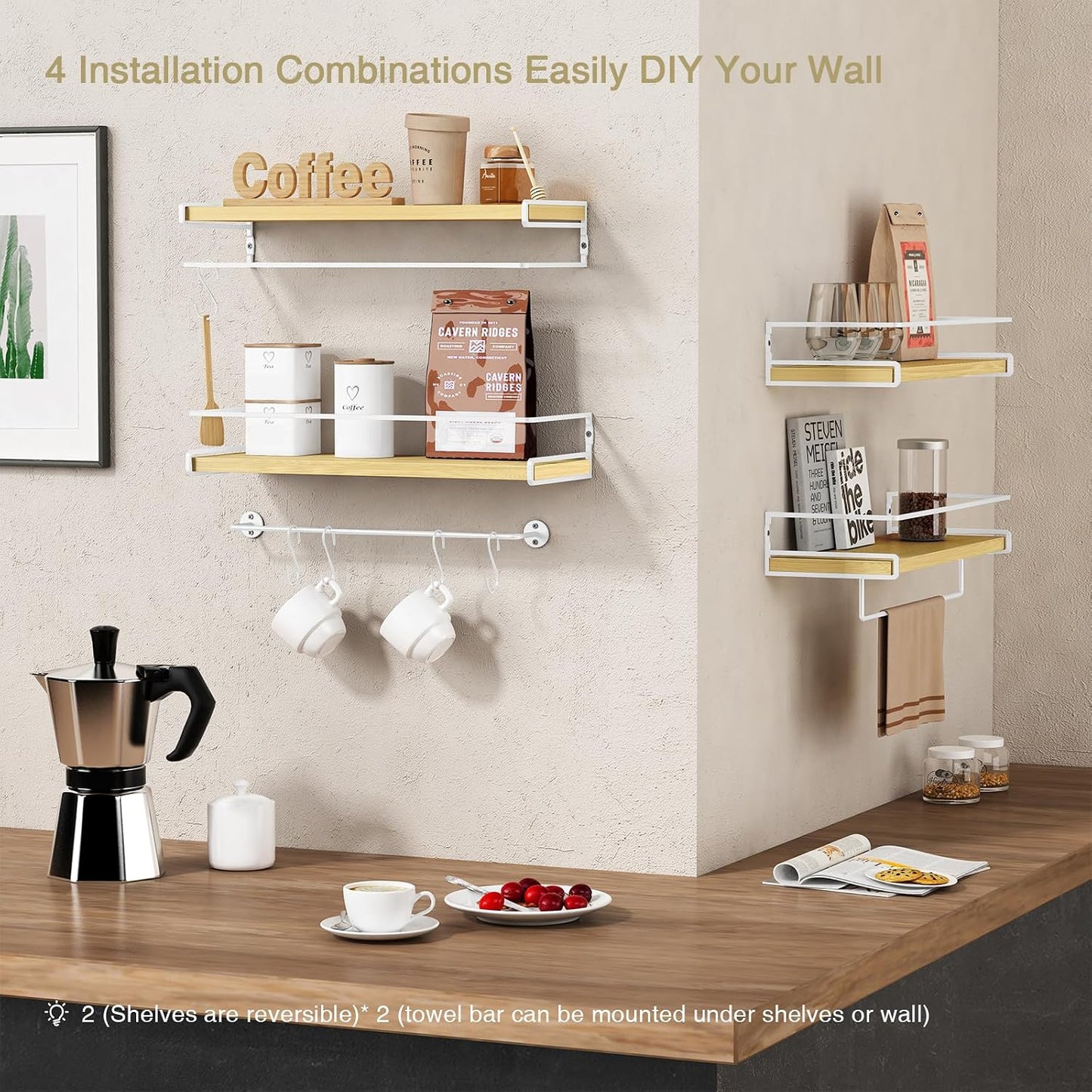 Forbena Floating Shelves for Wall with Rail, White and Natural Wood Nursery Book Shelves for Baby Girls Boys Kids Room