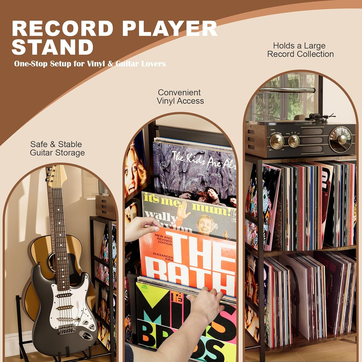 Record Player Stand with Guitar Rack for Acoustic, Electric & Bass Guitars | 3 Tier Vinyl Record Storage Up to 200