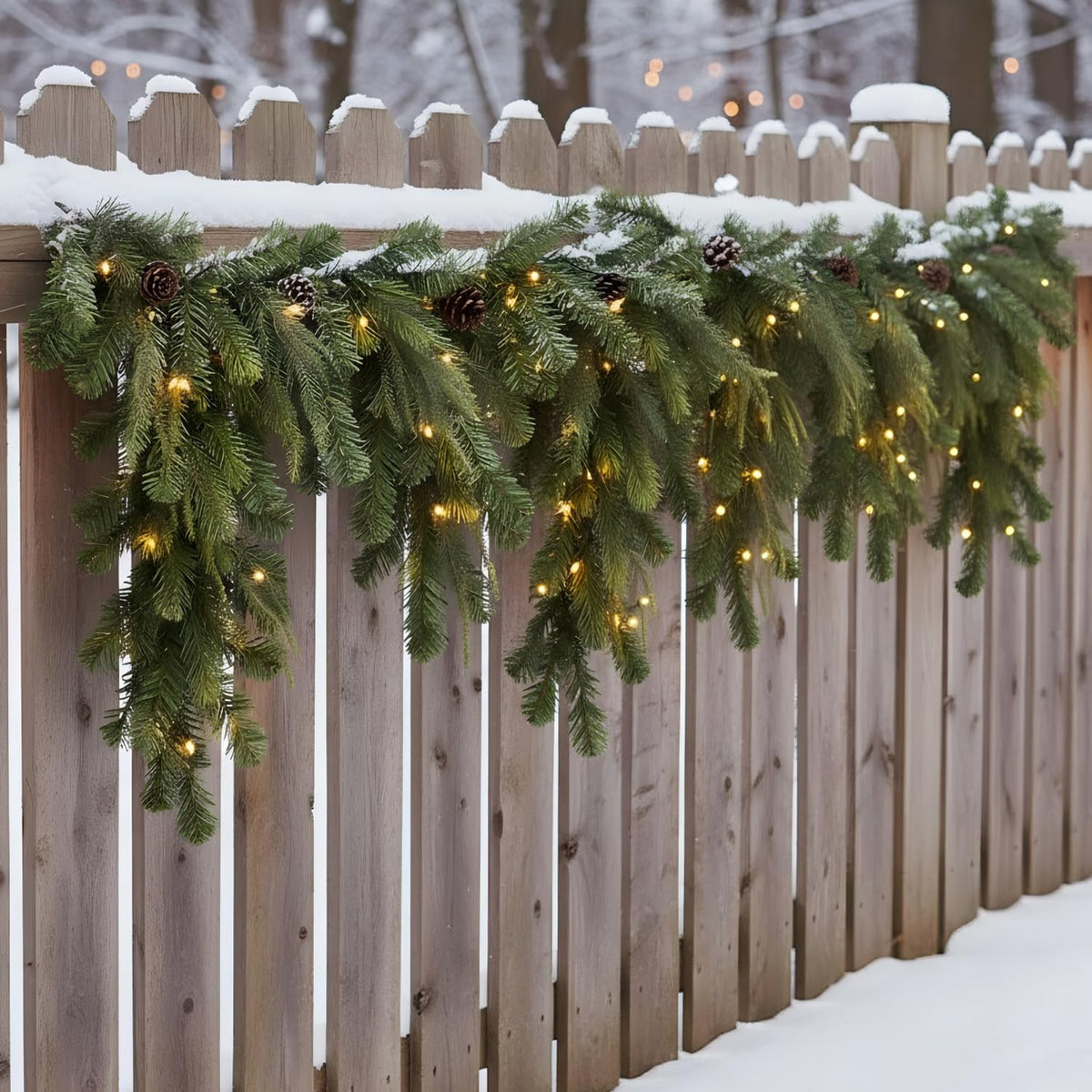 6ft Cascading Christmas Garland with Lights/Pinecone for Mantel Decorations | Prelit 80 Warm White LEDs with Dark Green