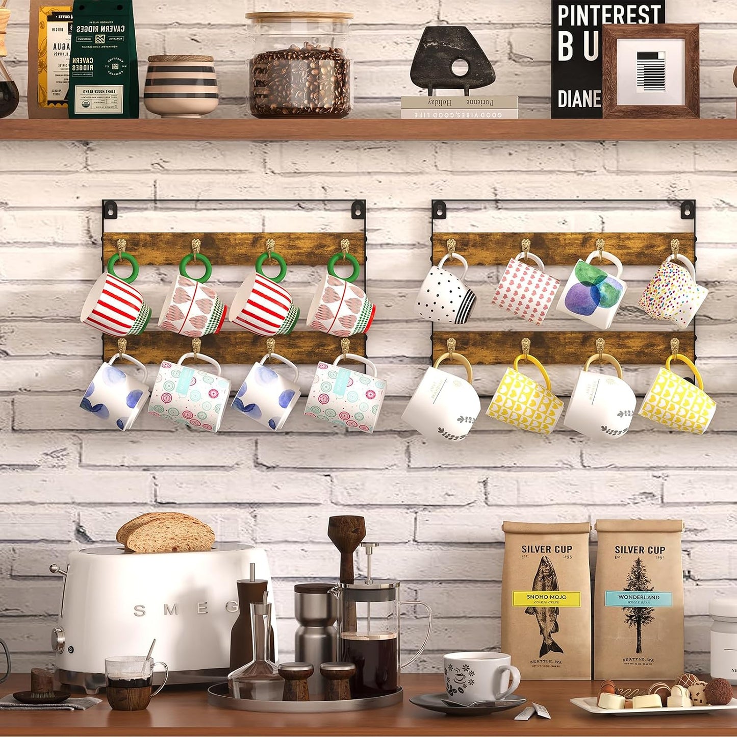 Huxitocan Wall Mount Coffee Mug Holder - Rustic Wood and Iron, Holds Up to 24 Mugs (3Pack) for Kitchen, Home, Coffee Bar