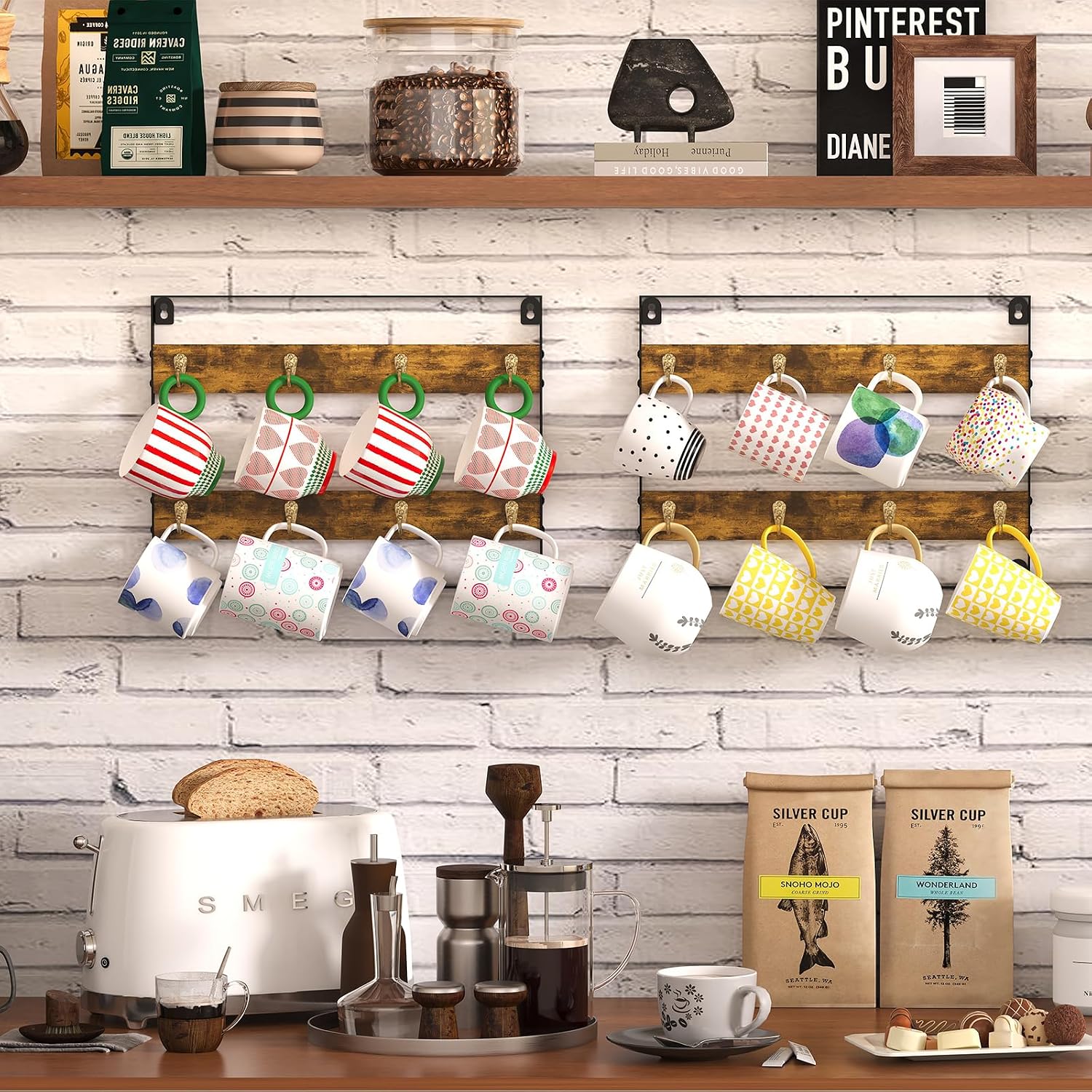 Huxitocan Wall Mount Coffee Mug Holder - Rustic Wood and Iron, Holds Up to 24 Mugs (3Pack) for Kitchen, Home, Coffee Bar