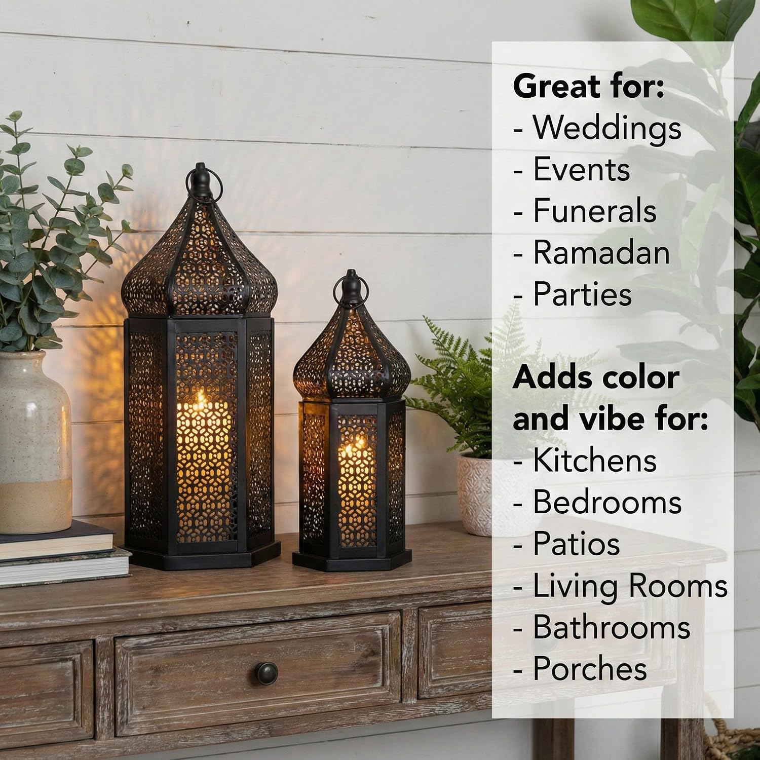 Vela Lanterns Decorative Indoor Black Moroccan Temple Lanterns, Set of 2 | Black Ramadan Decorations for Home, Eid