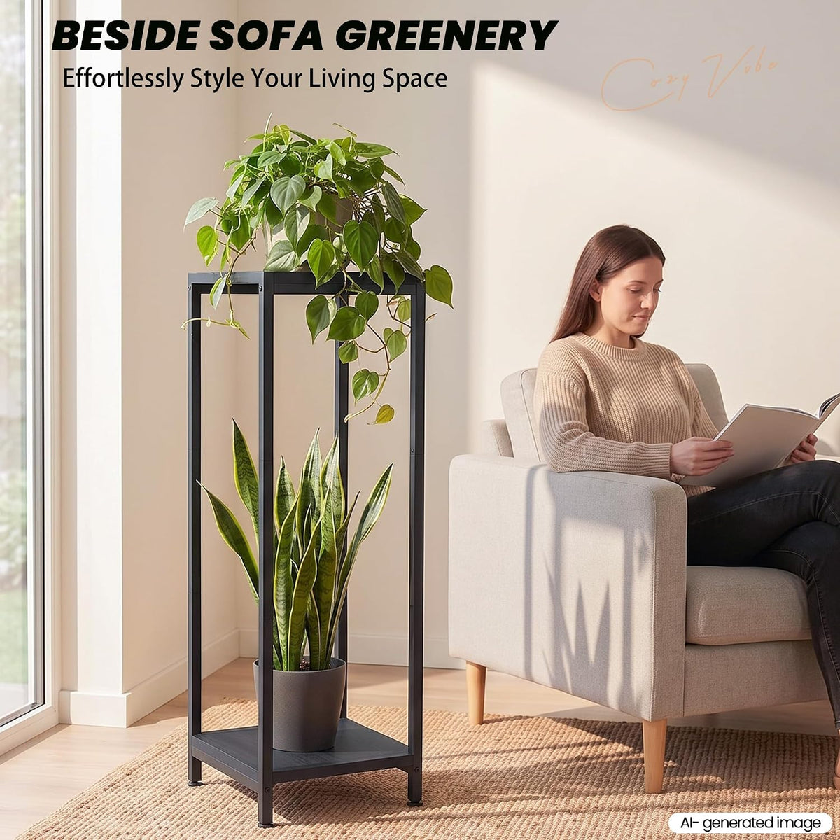 TOSKING 2-Tier Wide & Tall Plant Stand Indoor, Modern Metal Shelf, Black | 12"Lx12"Wx41"H, Heavy-Duty Design, Corner