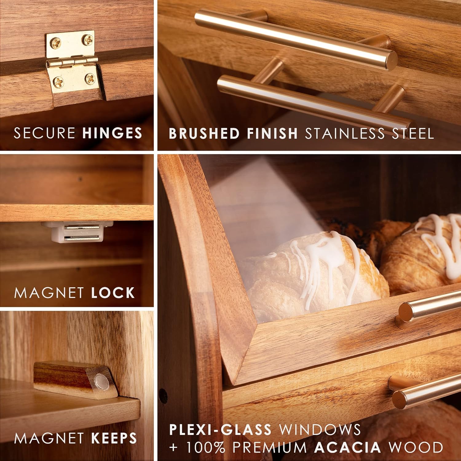 Arise Acacia Wooden Bread Box for Kitchen Countertop, Extra Large 2-Shelf | Bread Storage Container with Clear Windows