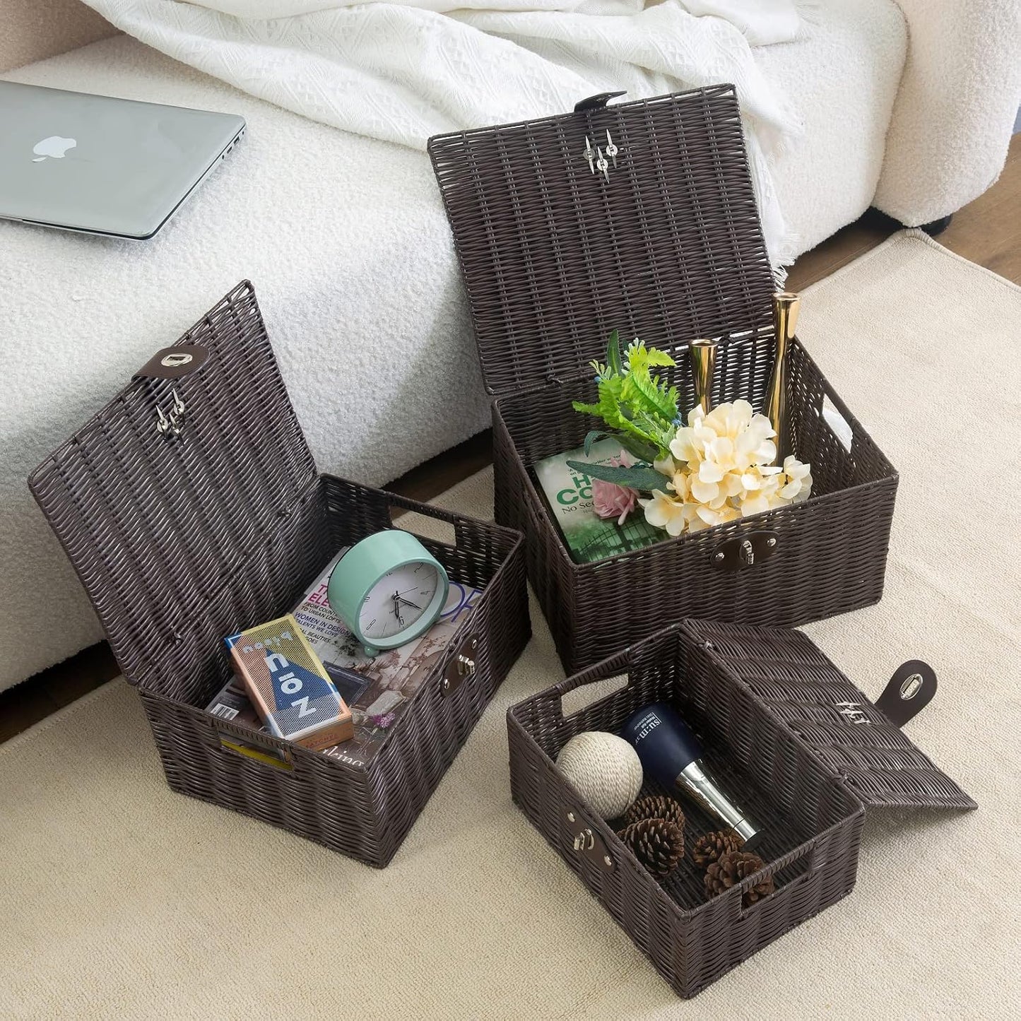 Woven Wicker Storage Basket Box / Brown / Set of 3