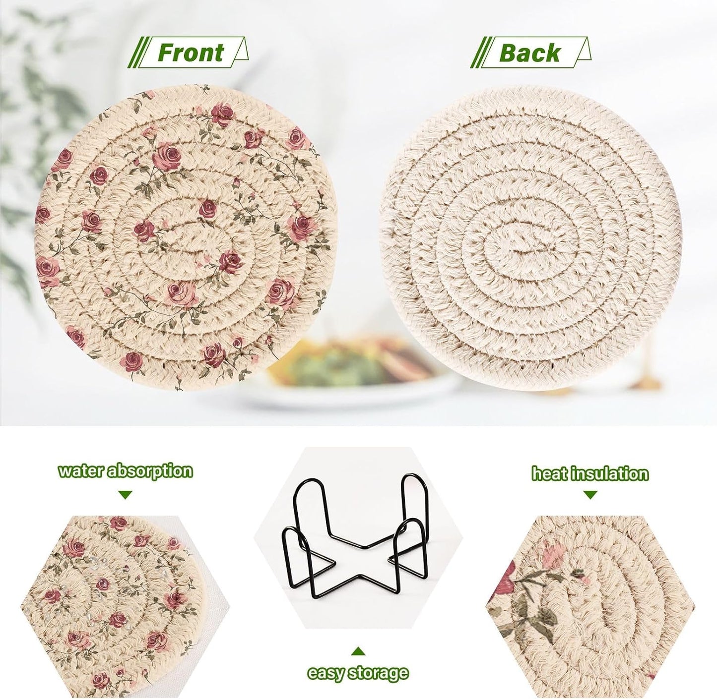 Holder Absorbent Round Coasters for Wooden Table Tabletop Protection Party / Vintage Rose / Set of 6