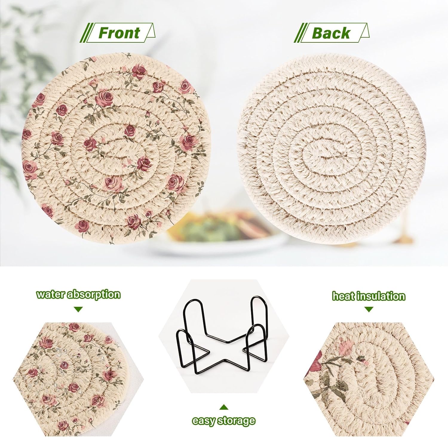 Holder Absorbent Round Coasters for Wooden Table Tabletop Protection Party / Vintage Rose / Set of 6