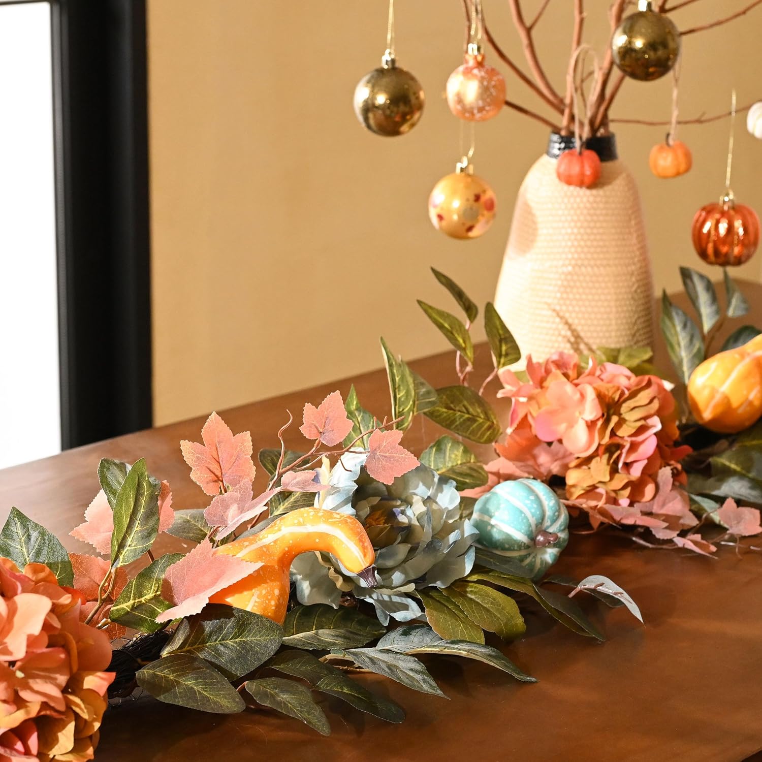 Artificial Fall Autumn Floral Garland / Orange and Blue / 6 ft