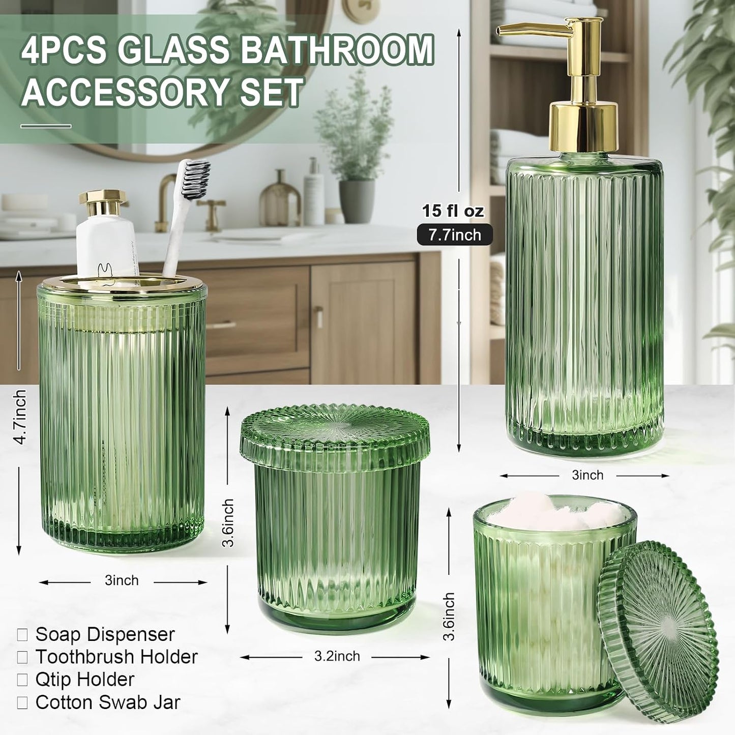 Green Glass Bathroom Accessories 4 Pcs, Green Bathroom Set, Soap Dispenser and Toothbrush Holder Set, Qtip Holder Set