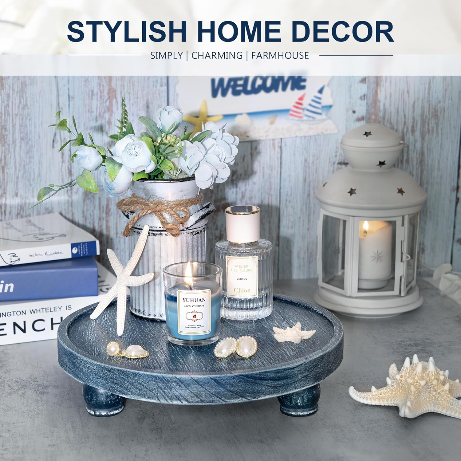 Farmhouse Wood Pedestal Stand / Blue