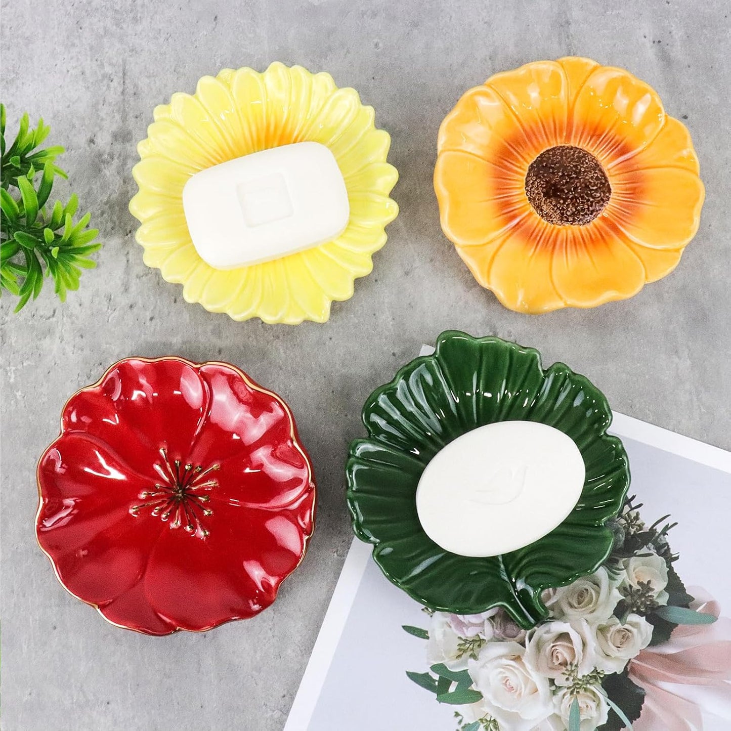 Ceramic Self Draining Soap Dish Hibiscus Flower Waterfall Soap Dish Soap Savers / Red