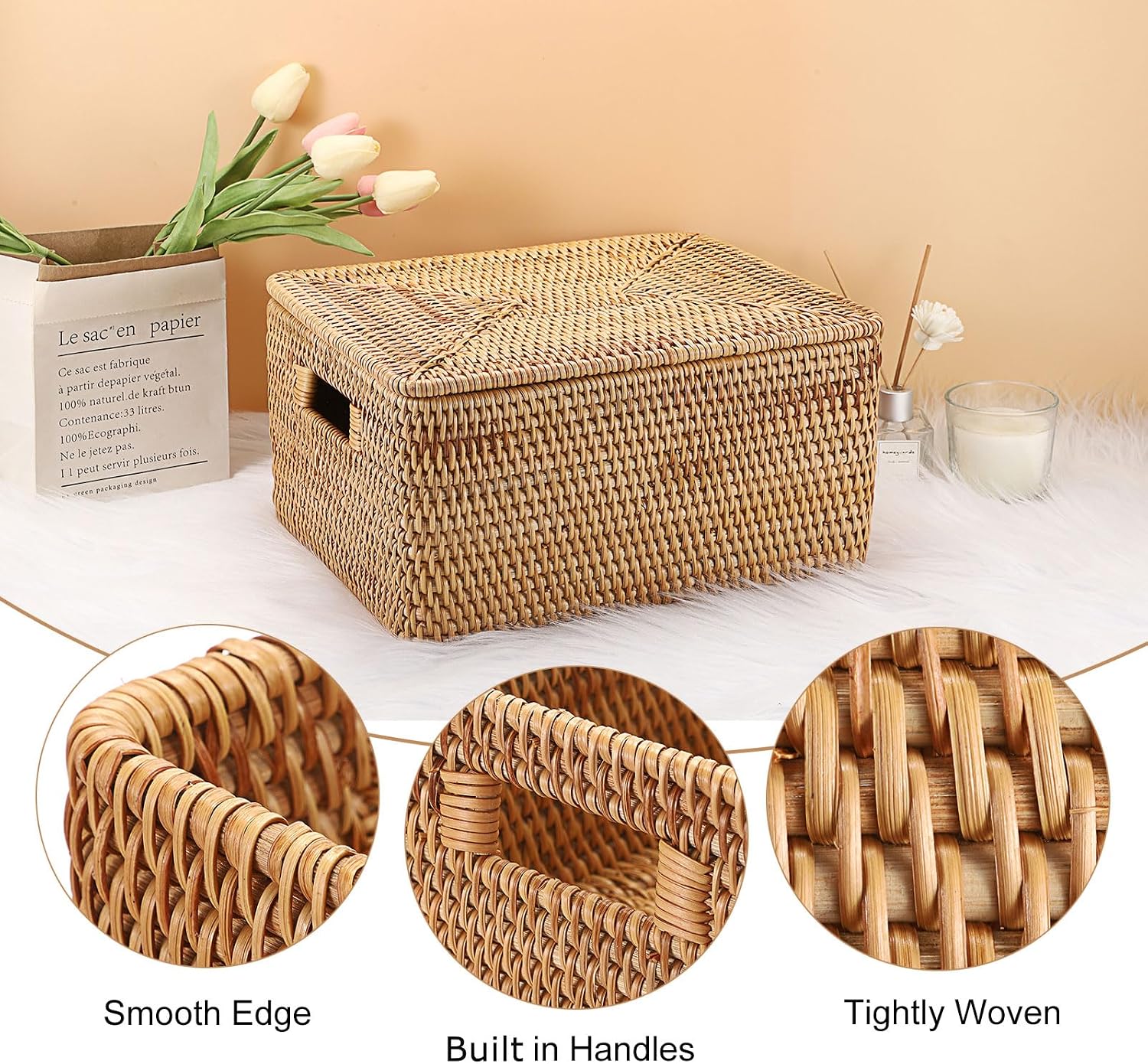 Wicker Storage Bins / 13.2"L x 10.2"W x 6.7"H / Natural Color