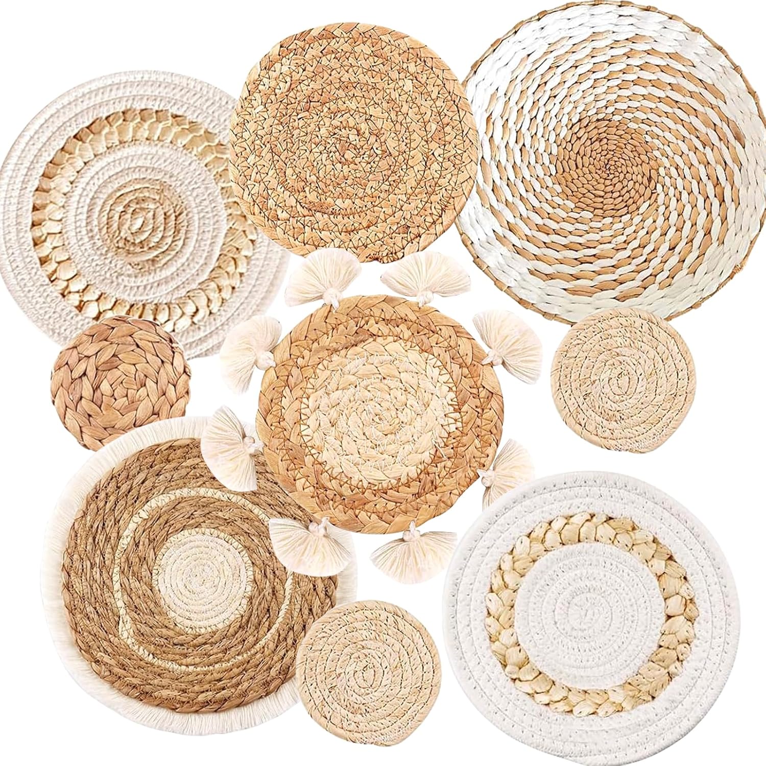 Boho Wall Baskets Set / Beige White Tassel / Set of 9