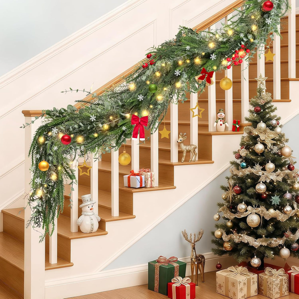 9FT Artificial Norfolk Pine Christmas Garland, Winter Decor | Winter Cedar Eucalyptus Greenery Realistic Tree for