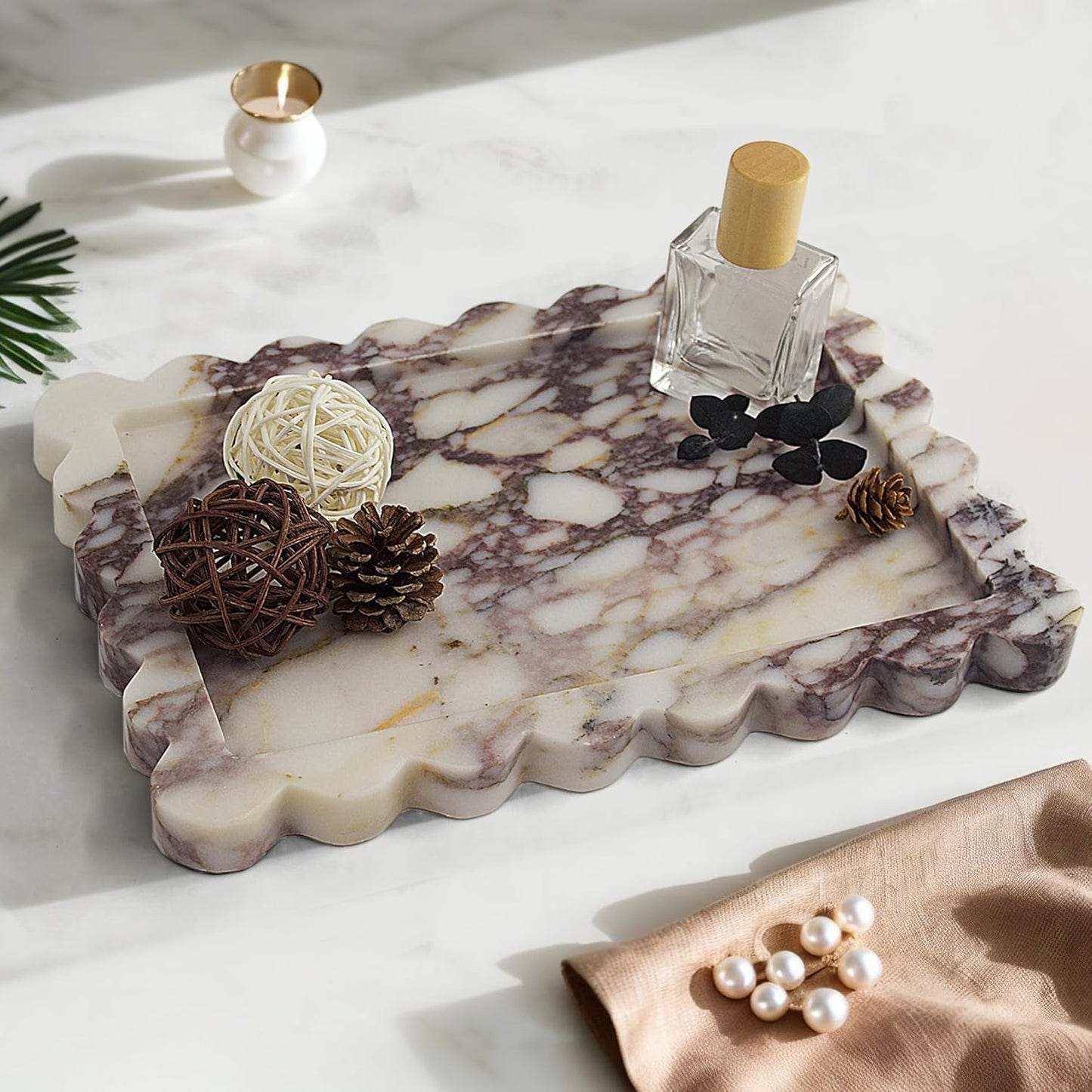 Genuine Scalloped Marble Tray / Calacatta Viola / Natural