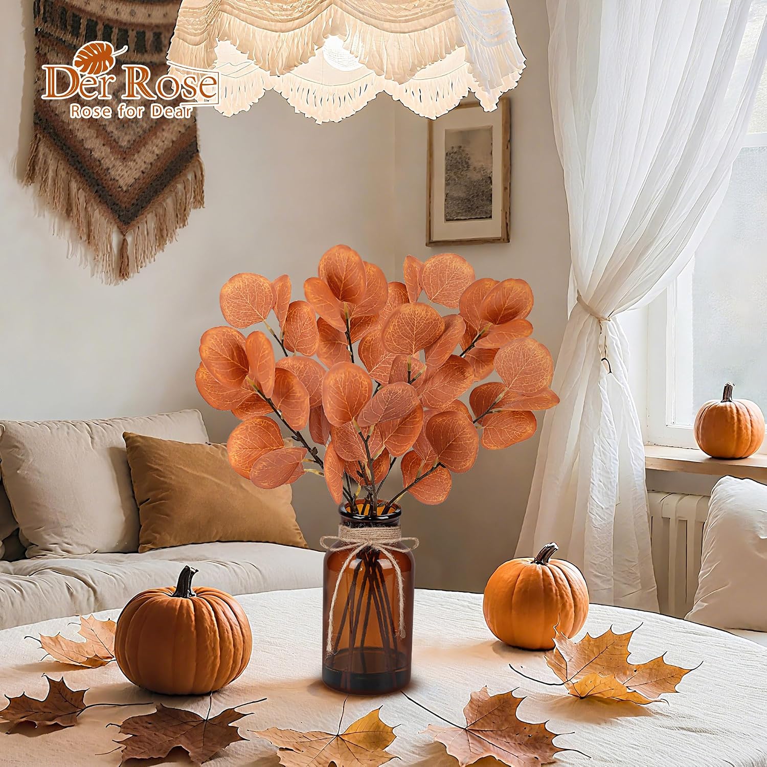 13.5" Fake Plants for Fall Bathroom Decor Autumn Artificial Eucalyptus Stems in Glass Vase / Amber