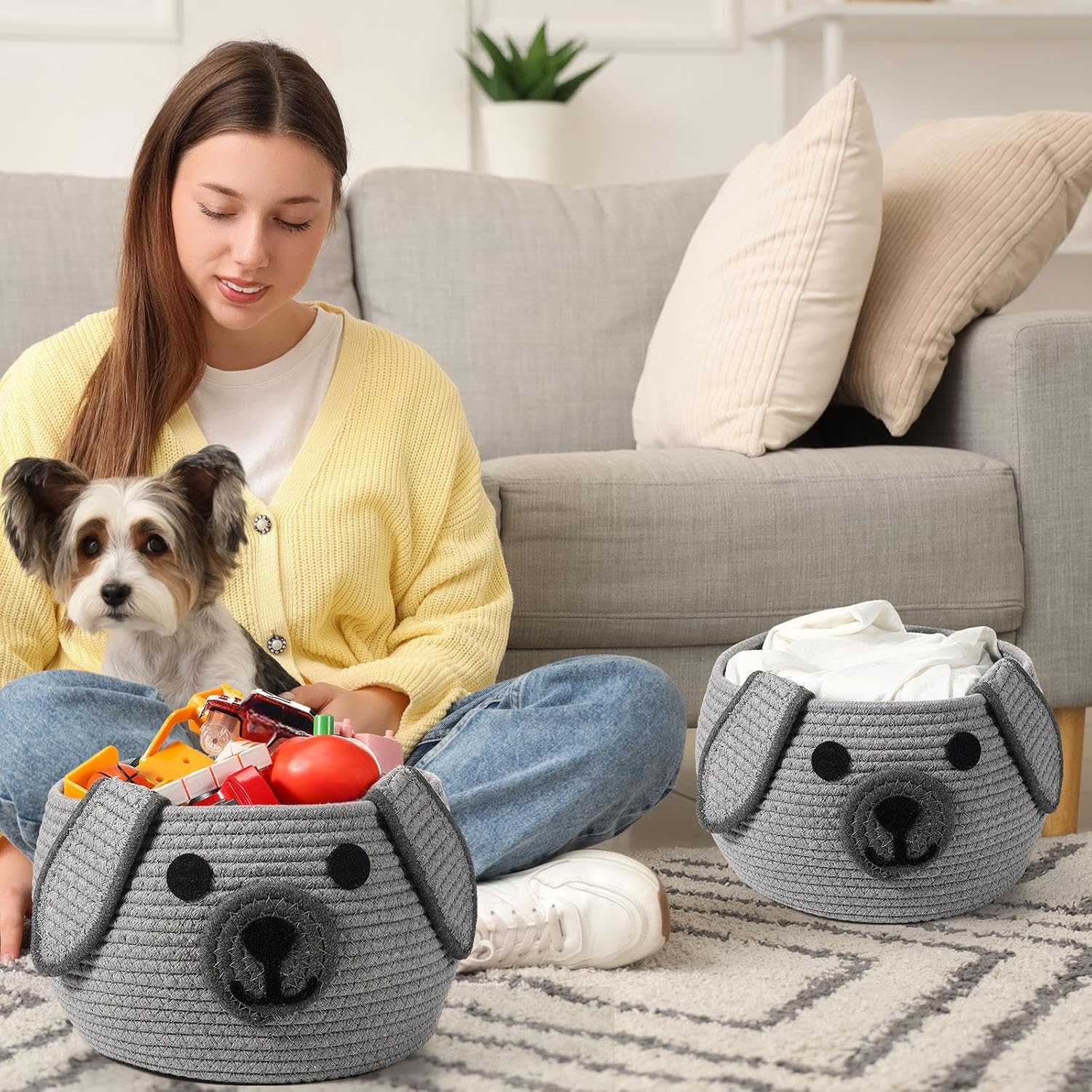 Dog Woven Basket Woven Cotton Rope Puppy Animal Storage Basket for Laundry Toy Gift / Gray / 13 x 8