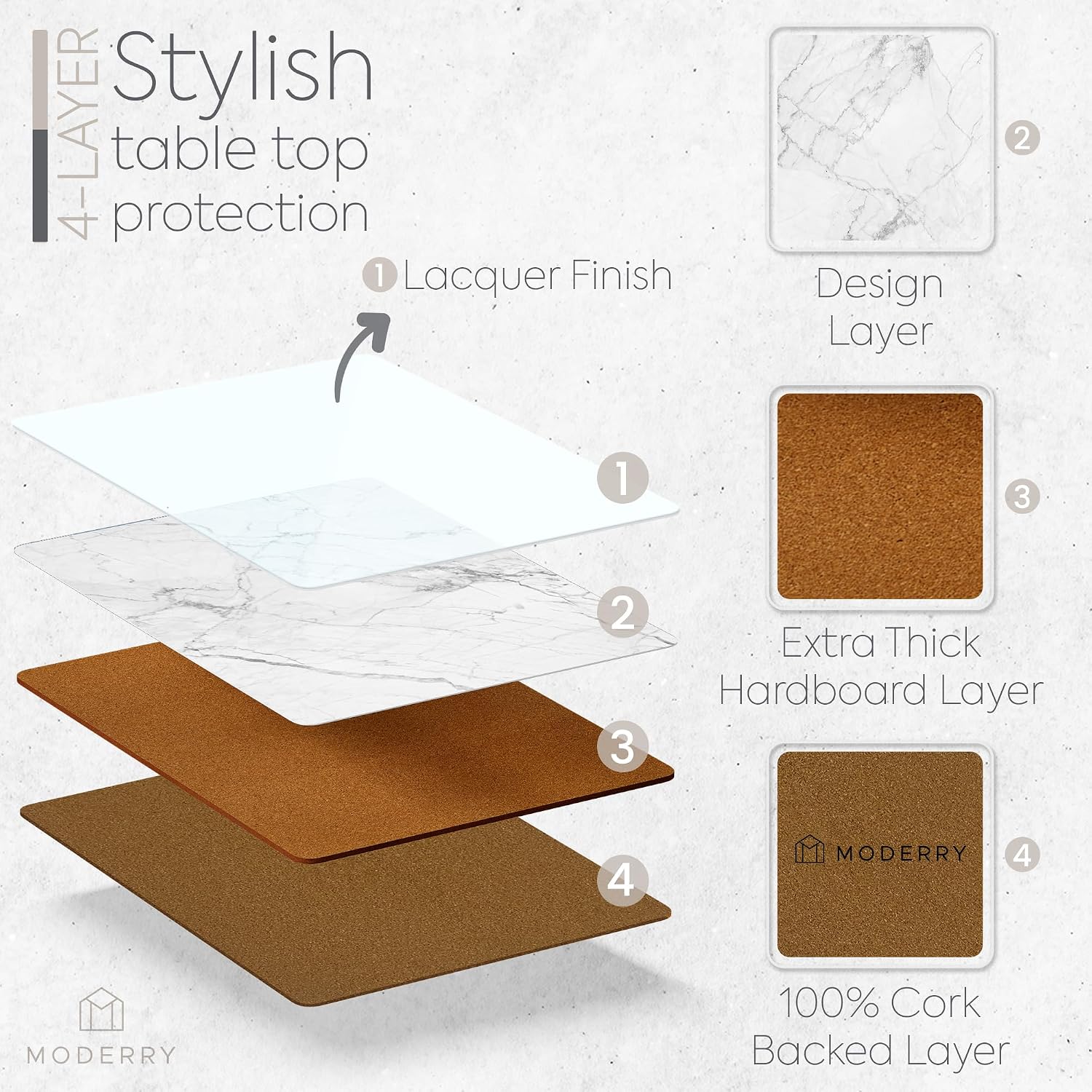 Heat Resistant Cork Placemats for Dining Table / White Marble / Set of 4