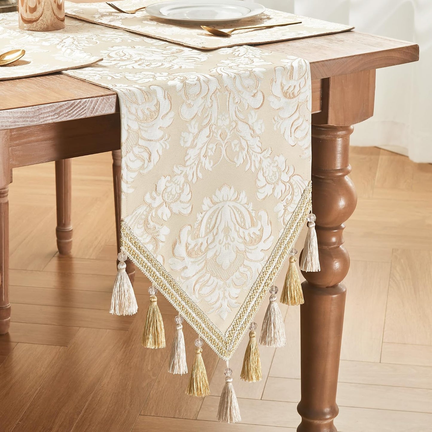 Loom and Mill Elegant Jacquard Table Runner 90 inches Long, Beige+White | Damask Floral Table Runners with Handmade