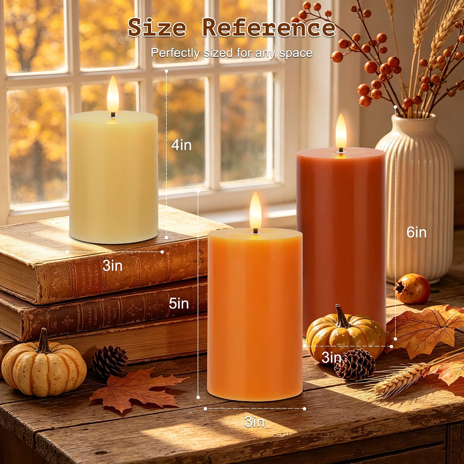 Flameless Candles with Remote, Fall Battery Operated Wax Candles | Flickering Autumn Harvest Pillar Candles, Decorative