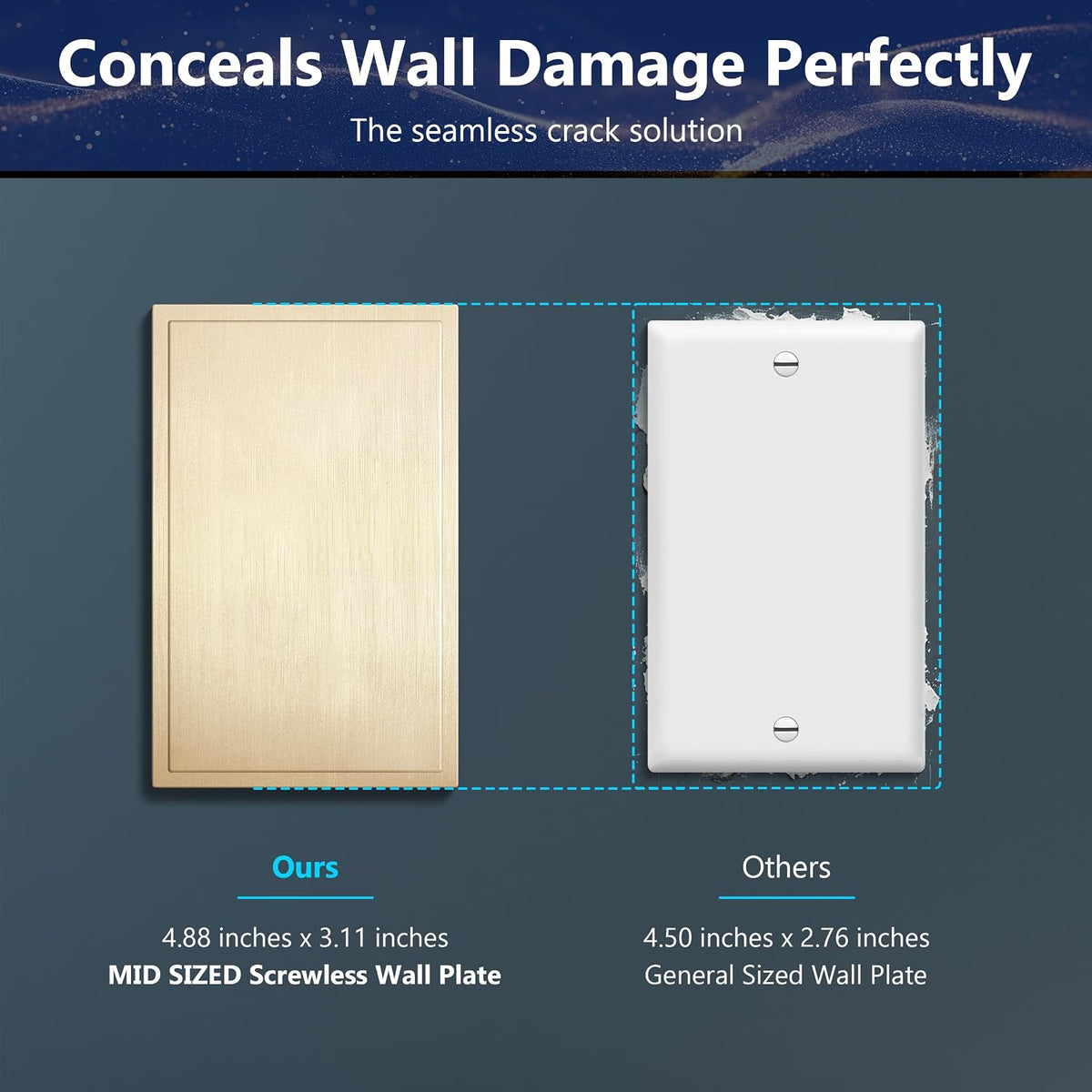 LIDER Modern Ogee Edge Screwless Wall Plate, Mid-Size 1-Gang Blank Cover 4.88” x 3.11”, Contemporary Decor Style, ETL