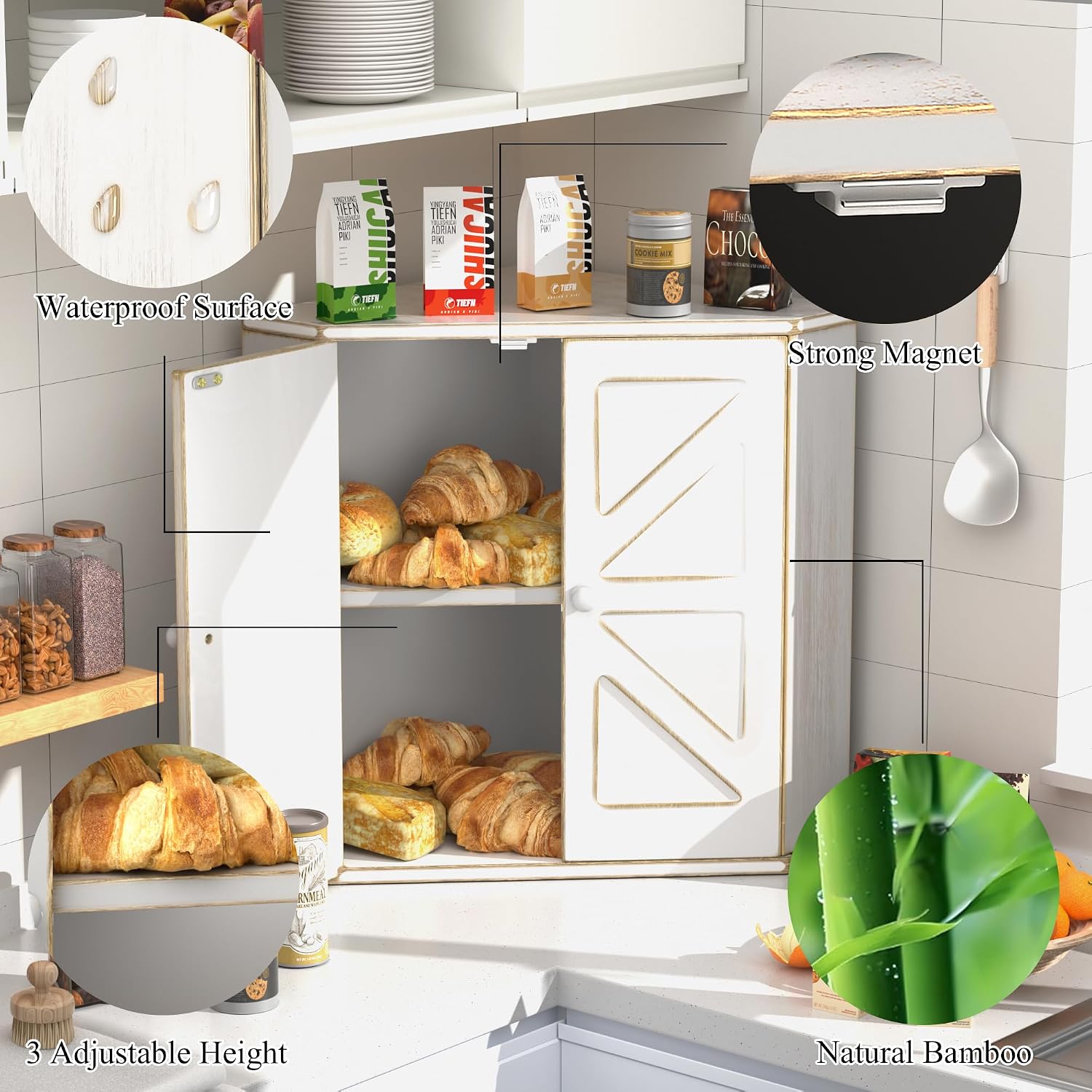 Corner Bread Box for Kitchen Countertop, Storage Container for Homemade Bread, Double Layer BreadBox, Large Capacity