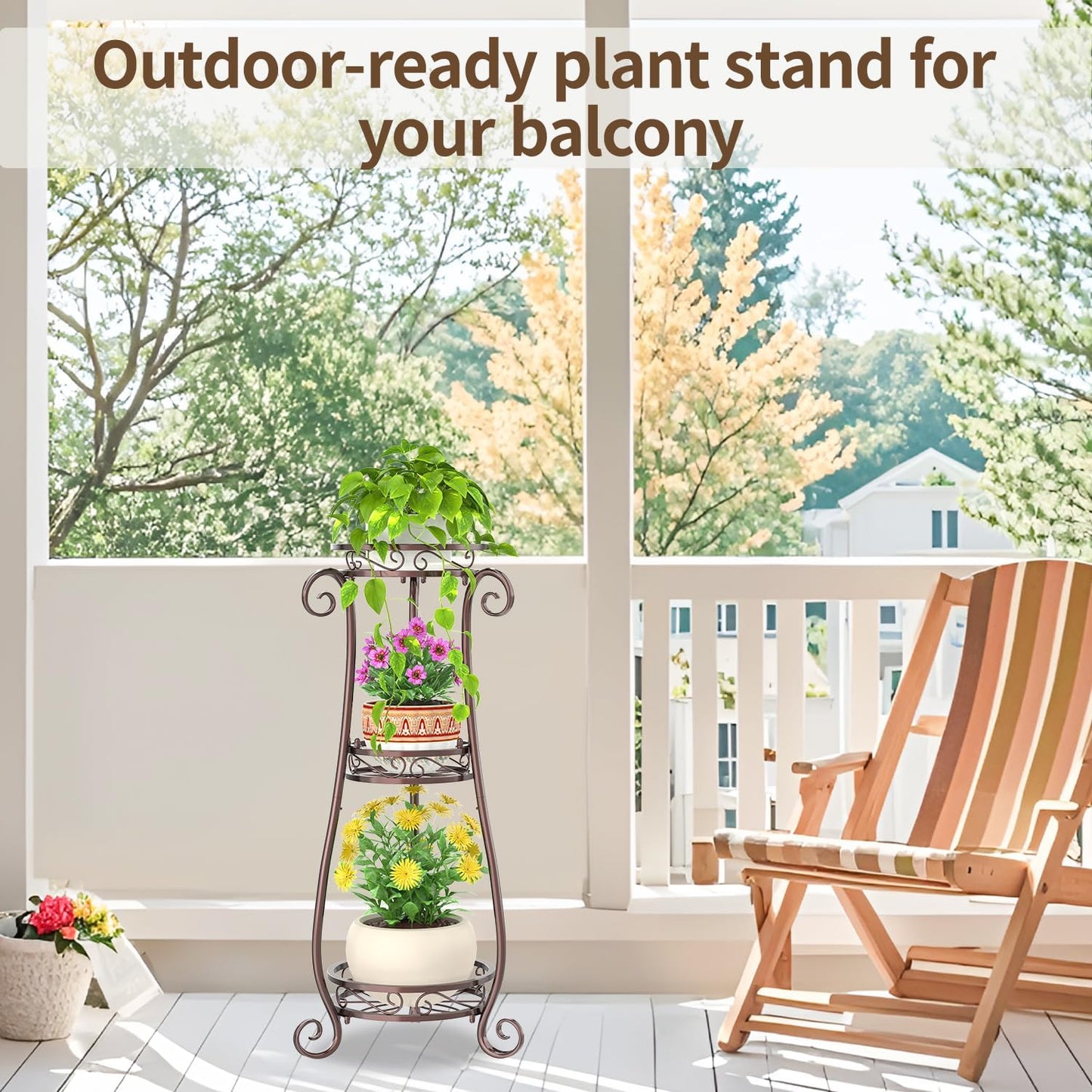 LASZOLA 3 Tiers Metal Corner Plant Flower Stand Tall Indoor Outdoor, Bronze | Heavy Duty Small Holder Shelf for