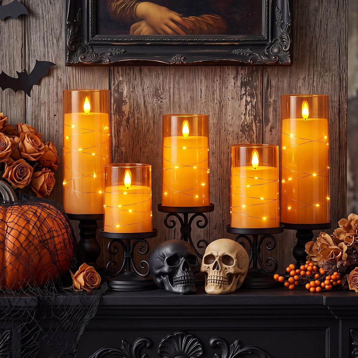 Homemory Halloween Flameless Candles, Orange LED Pillar Candles, Fall Decor | Acrylic Flickering Battery Operated