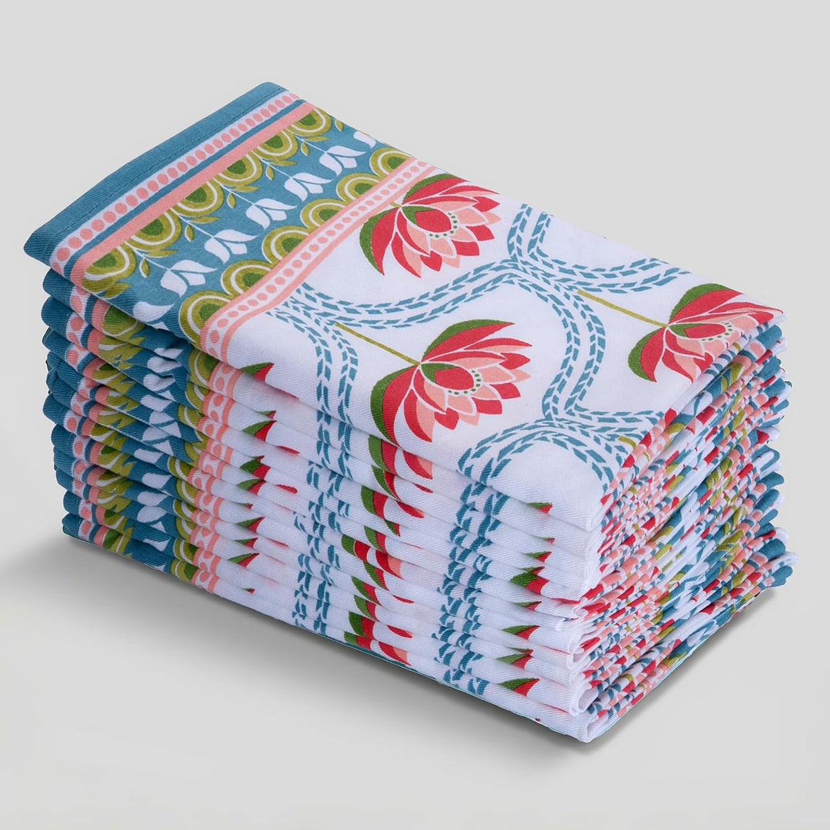 FINGERCRAFT Cloth Napkins Set of 12, 100% Cotton, 20x20 Inch, Lotus Bloom | Mitered corner, washable, soft, absorbent