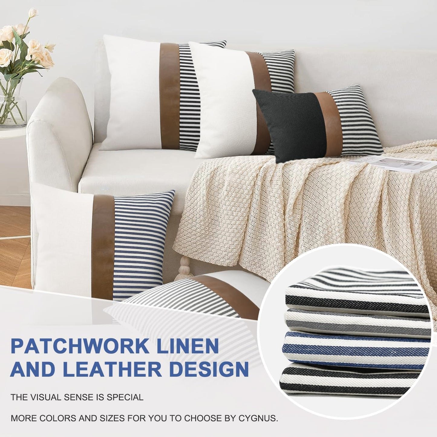 Modern Dark Brown Faux Leather Accent Pillow Covers / Navy Blue / 18 x 18 / Set of 2