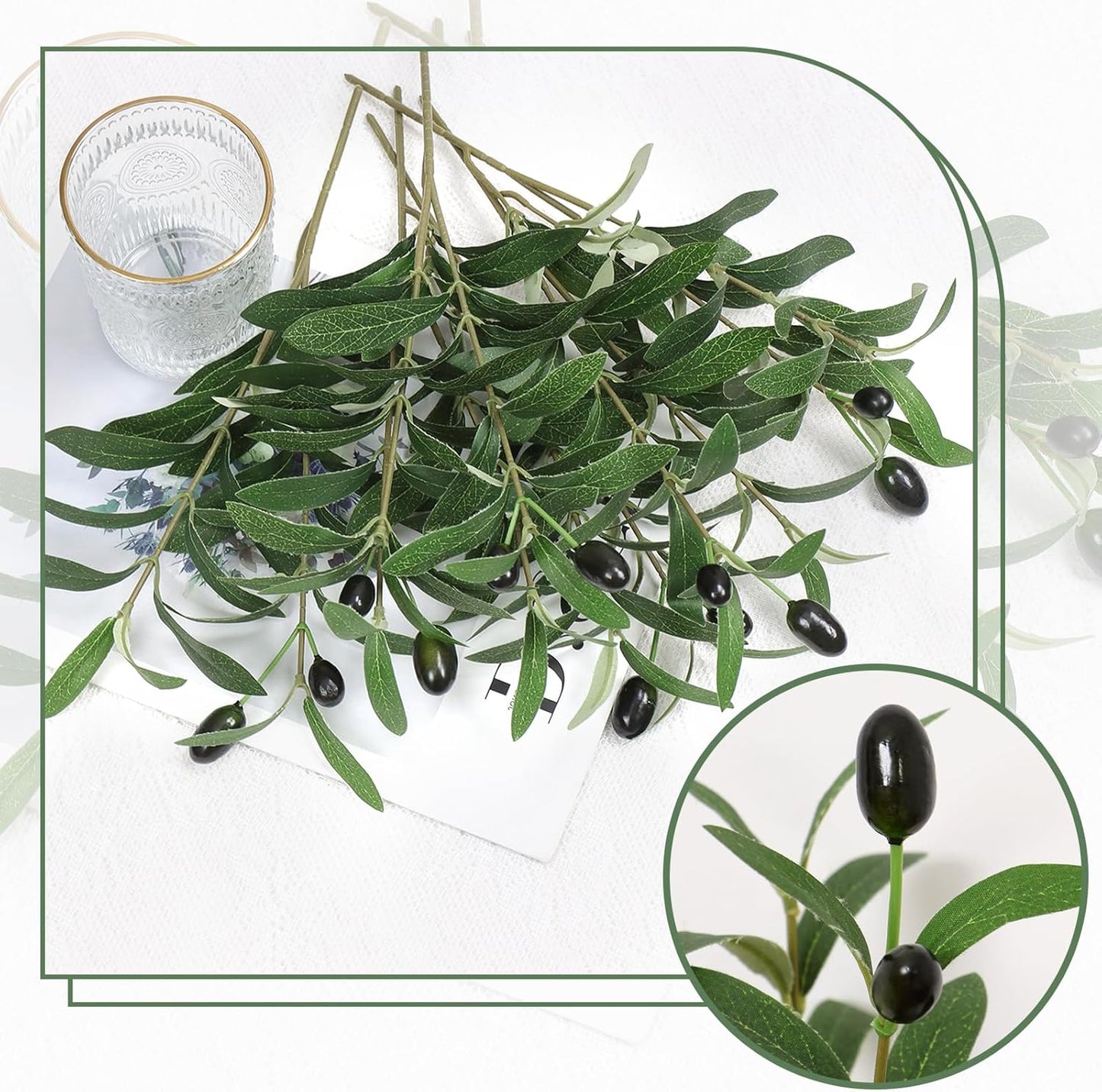 Artificial Olive Branches Faux Olives Plants Greenery Stems / Set of 12
