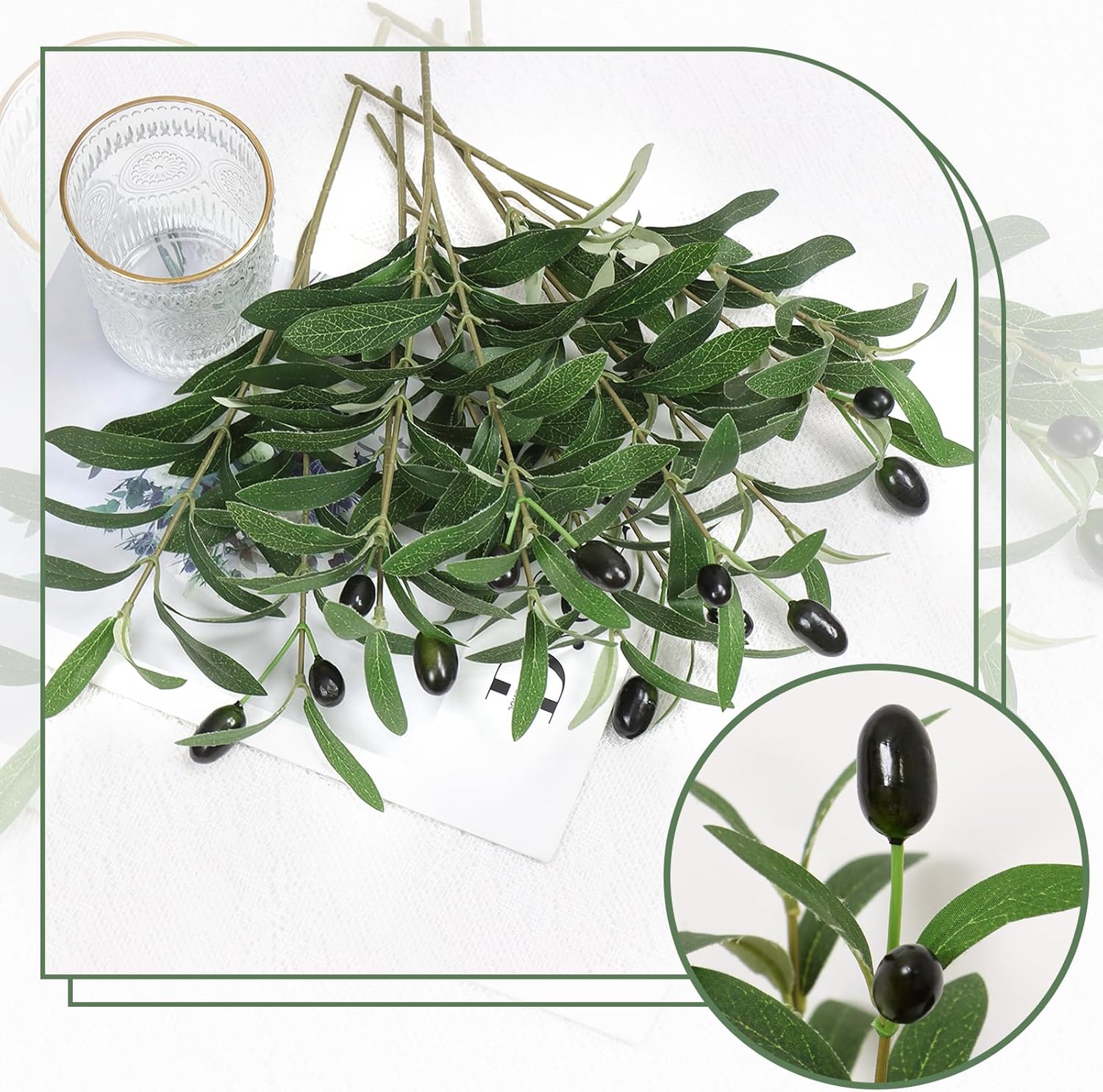 Artificial Olive Branches Faux Olives Plants Greenery Stems / Set of 12