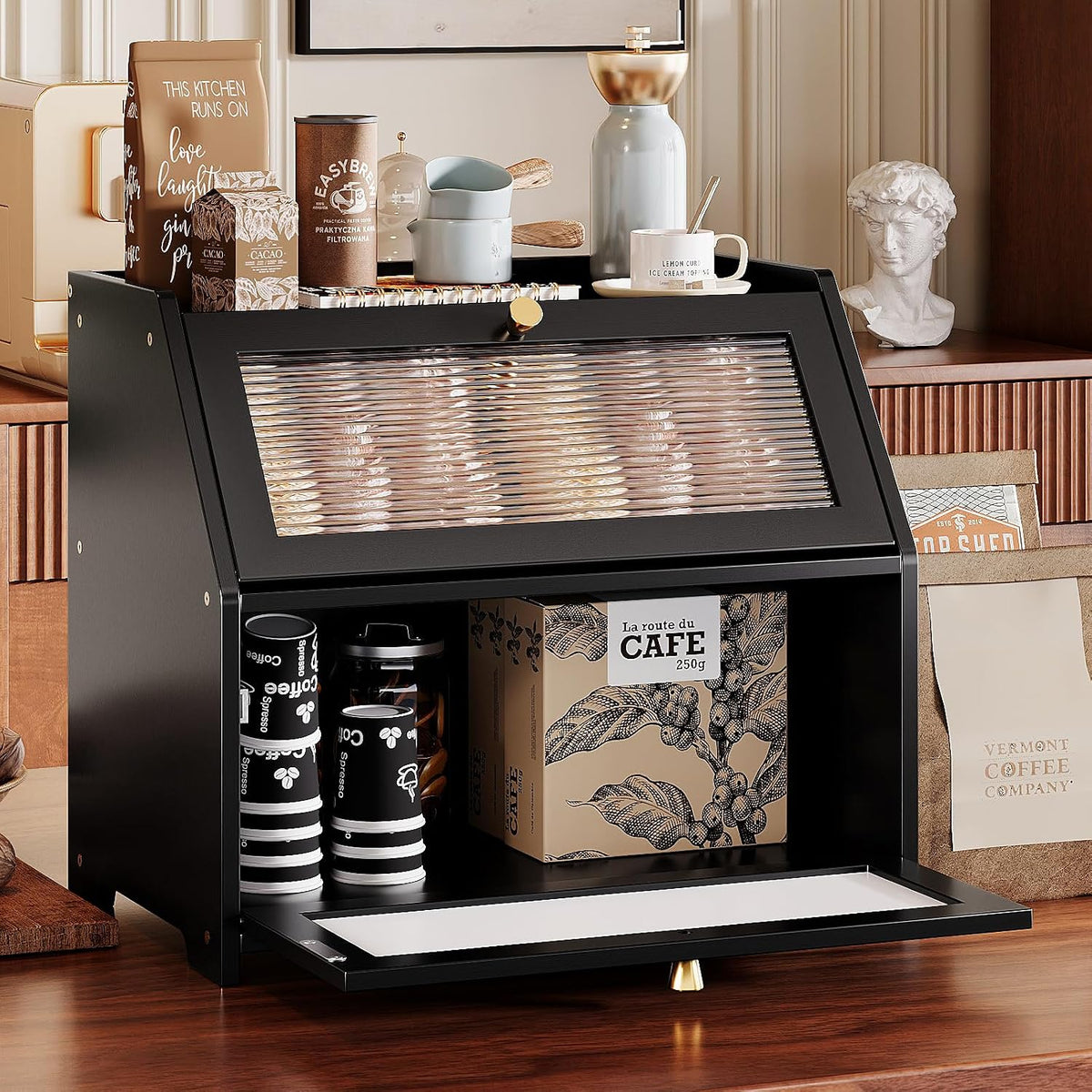Trironsun Bamboo Bread Box for Kitchen Counter Black Bread Storage Container with Acrylic Door William Morris Flower