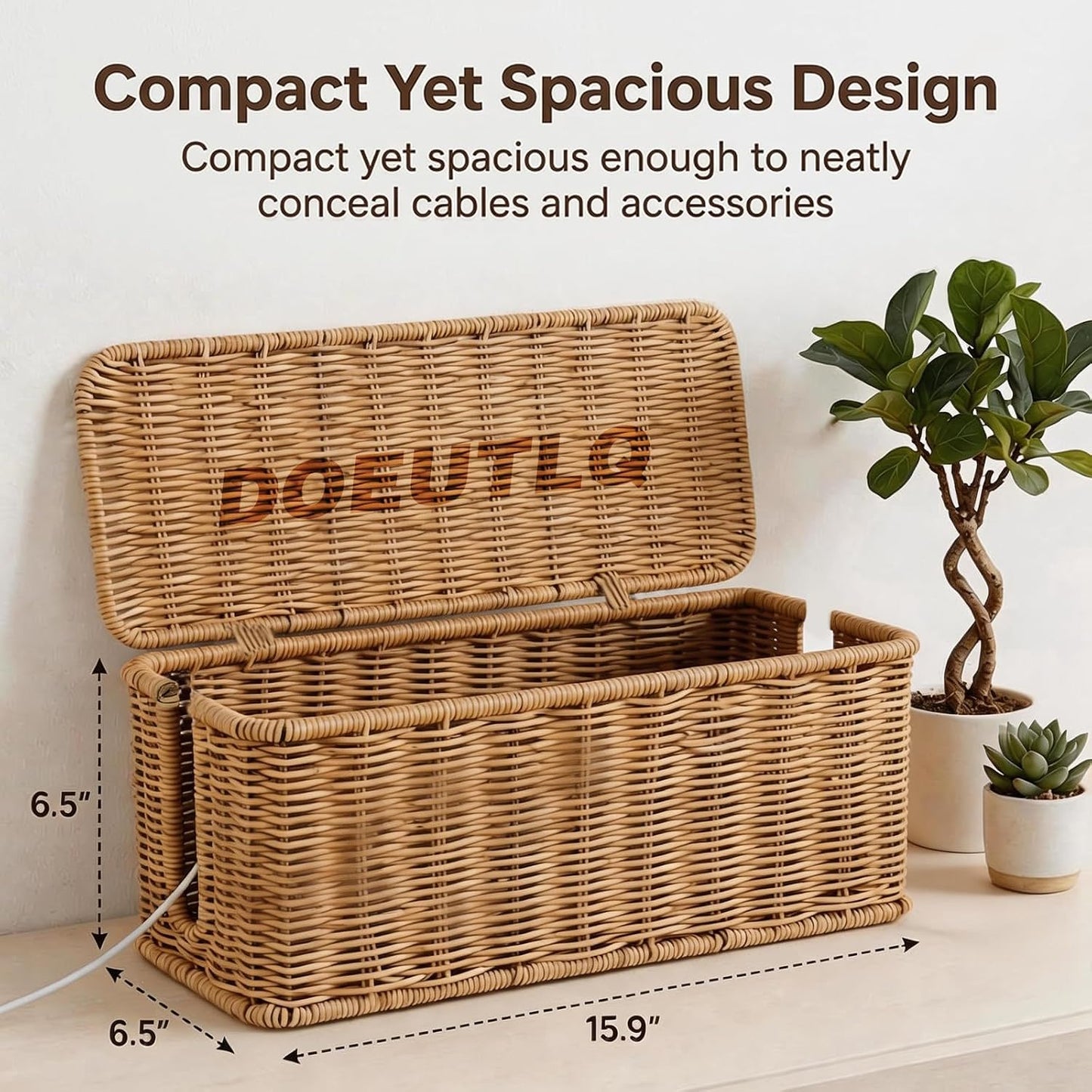 Desk Organizer Decorative Rattan Decor Countertop Cable Management Box Charging Station