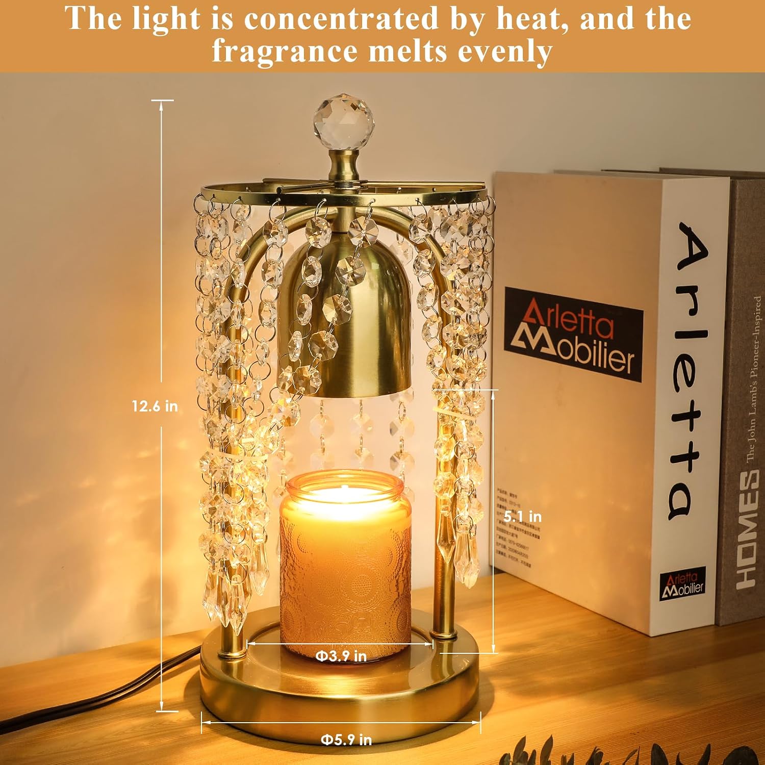 Gold Candle Warmer Lamp with Timer and Dimmer - Electric Candle Warmer,Crystal Candle Lamp for Bedroom Decor,Flameless