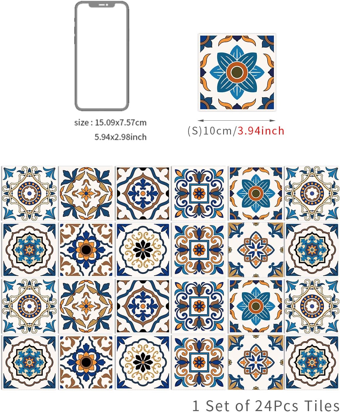 Adhesive Vinyl Backsplash Tile Decals / 4 x 4 / Multi Color / Set of 24