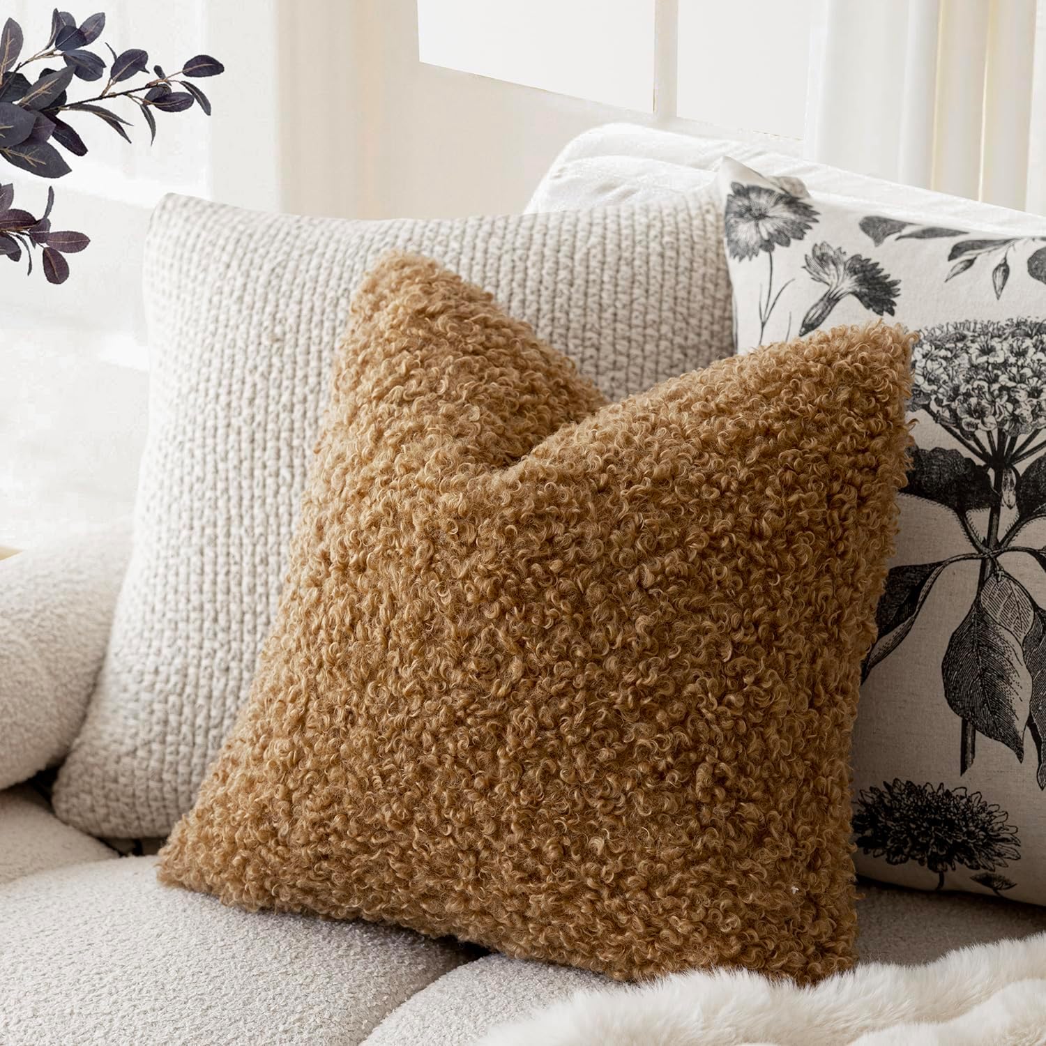 Faux Fur Throw Pillow Cover Accent Sherpa Pillow Fuzzy Soft / 18 x 18 / Bronze / Set of 2
