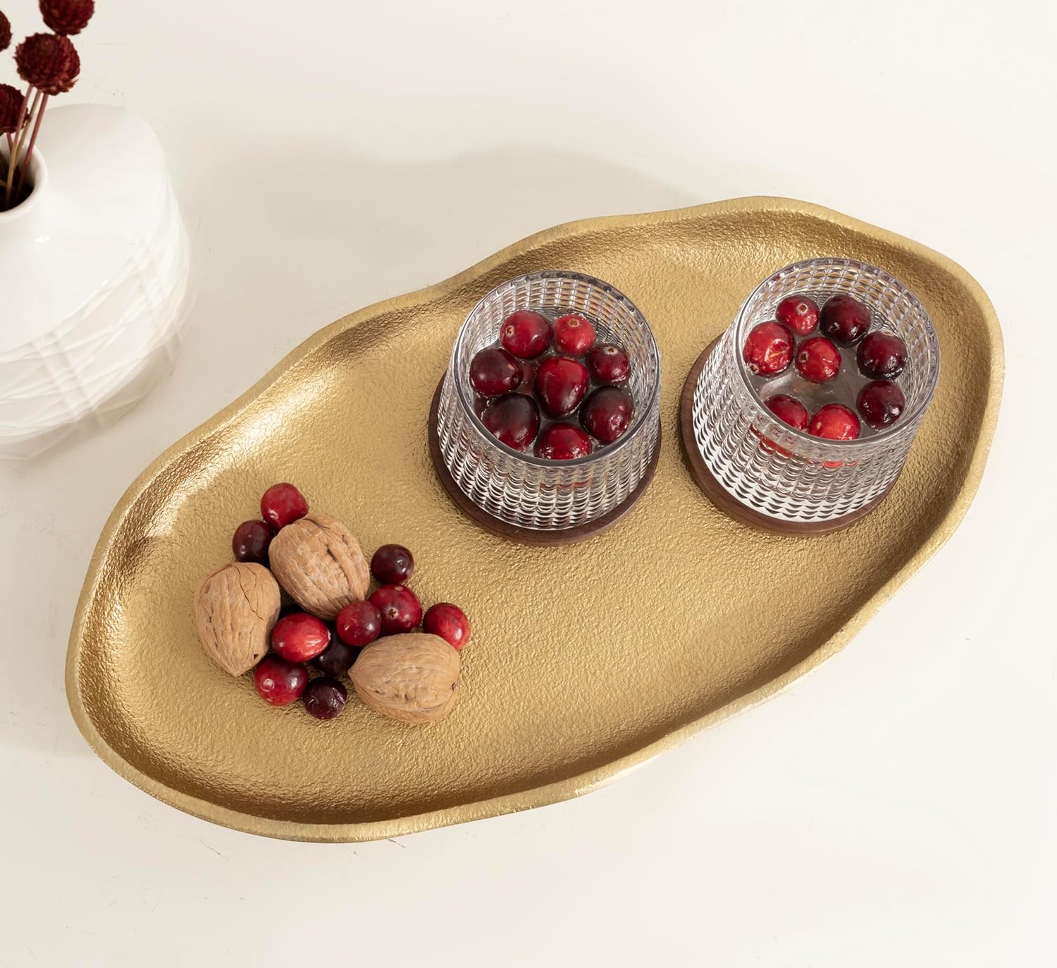 Alessia Modern Decorative Scalloped Oval Footed Metal Tray / Gold / 14 x 8