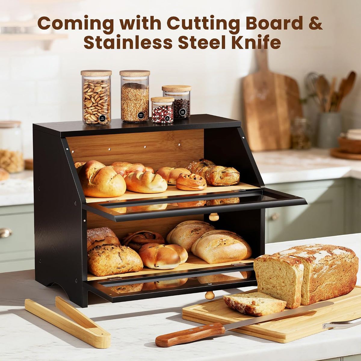 MAISONPEX Double Layer Bamboo Bread Box for Kitchen Countertop, Large Capacity, Cutting Board, Stainless Steel Bread