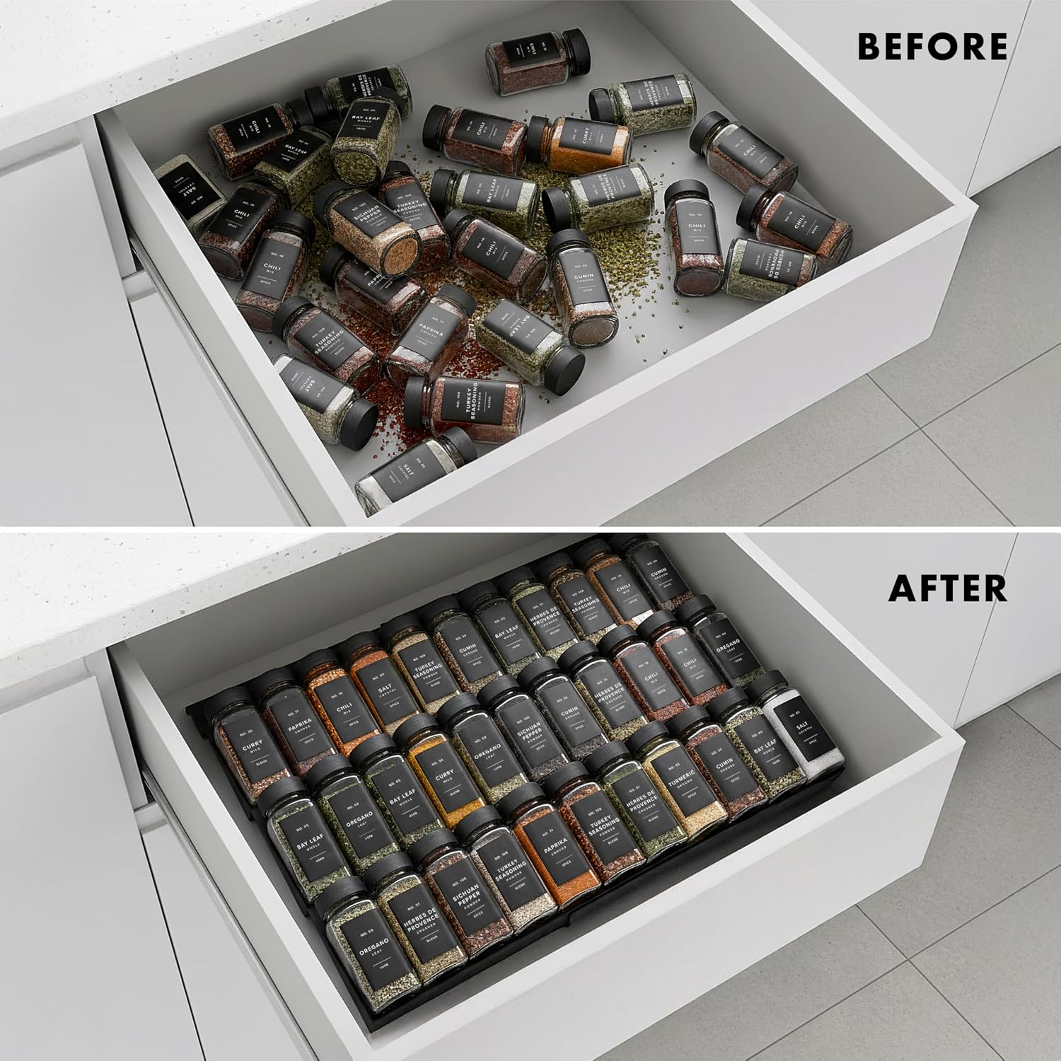 Spice Drawer Organizer - Expandable Spice Rack for Drawer, Black Seasoning Organizer for Drawer Spice Organizer, Spice