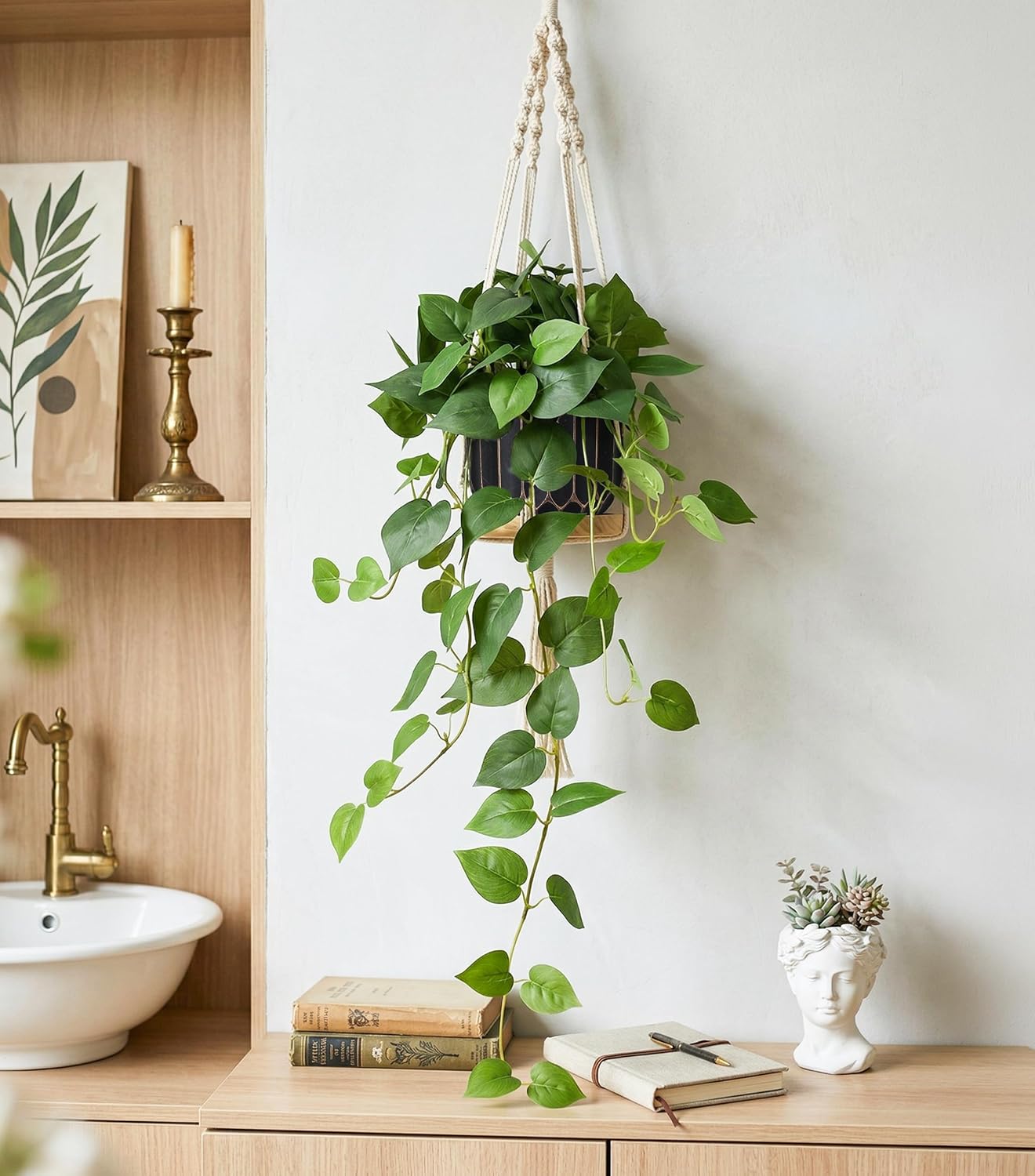 Fake Plants Faux Pothos Plants Potted Indoor Artificial Hanging / Green Pothos Potted / Set of 2