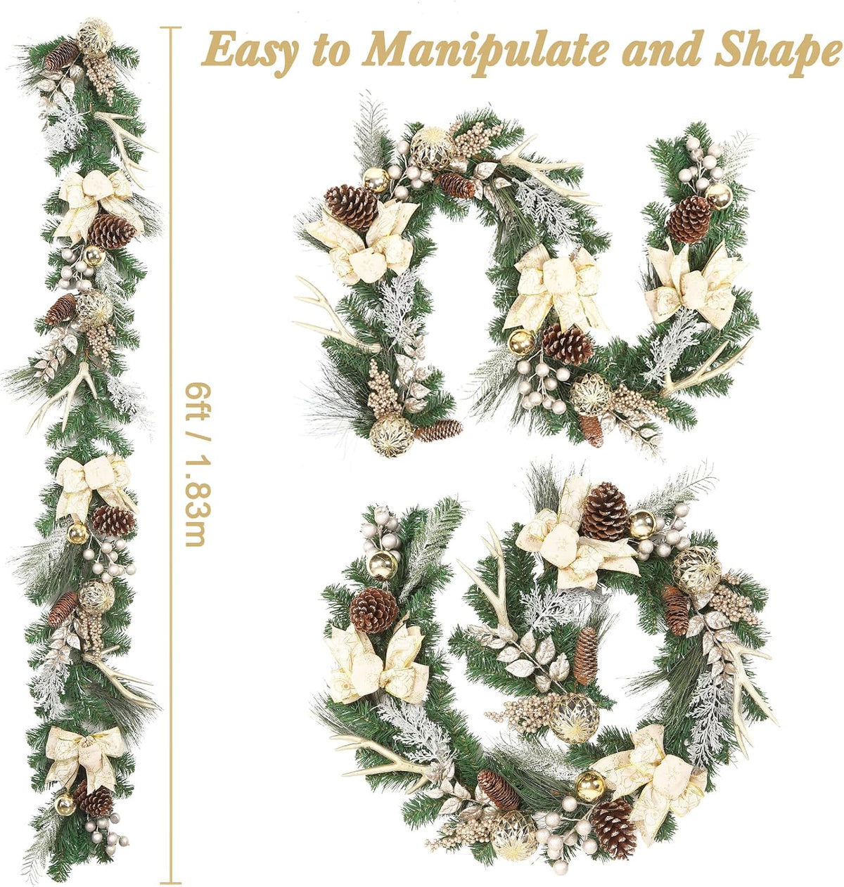 Garvee 6 Feet Christmas Garland with Lights for Mantle, Battery Operated Outdoor Christmas Garlands with Antlers Gold