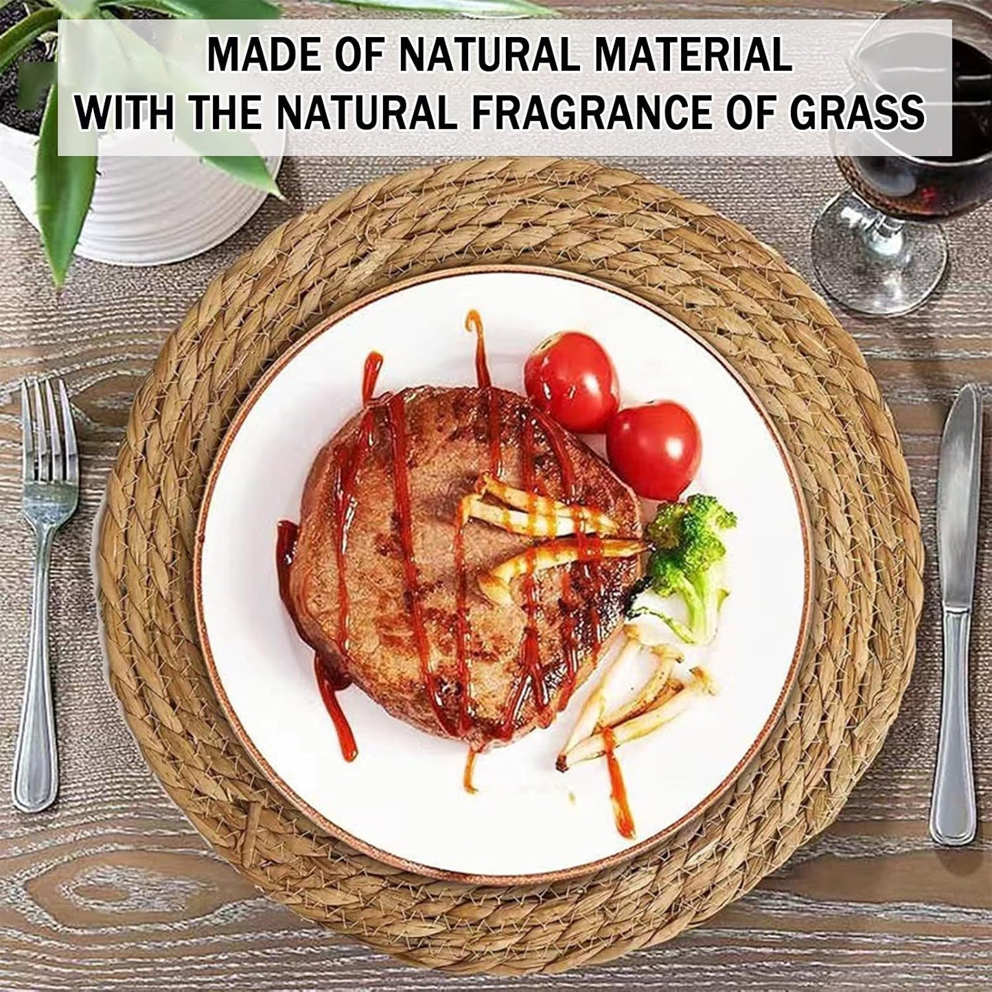 Handmade Heat Resistant 13" Round Woven Placemats Set of 8, Wicker Boho No Chemical Natural Water Hyacinth Place Mats