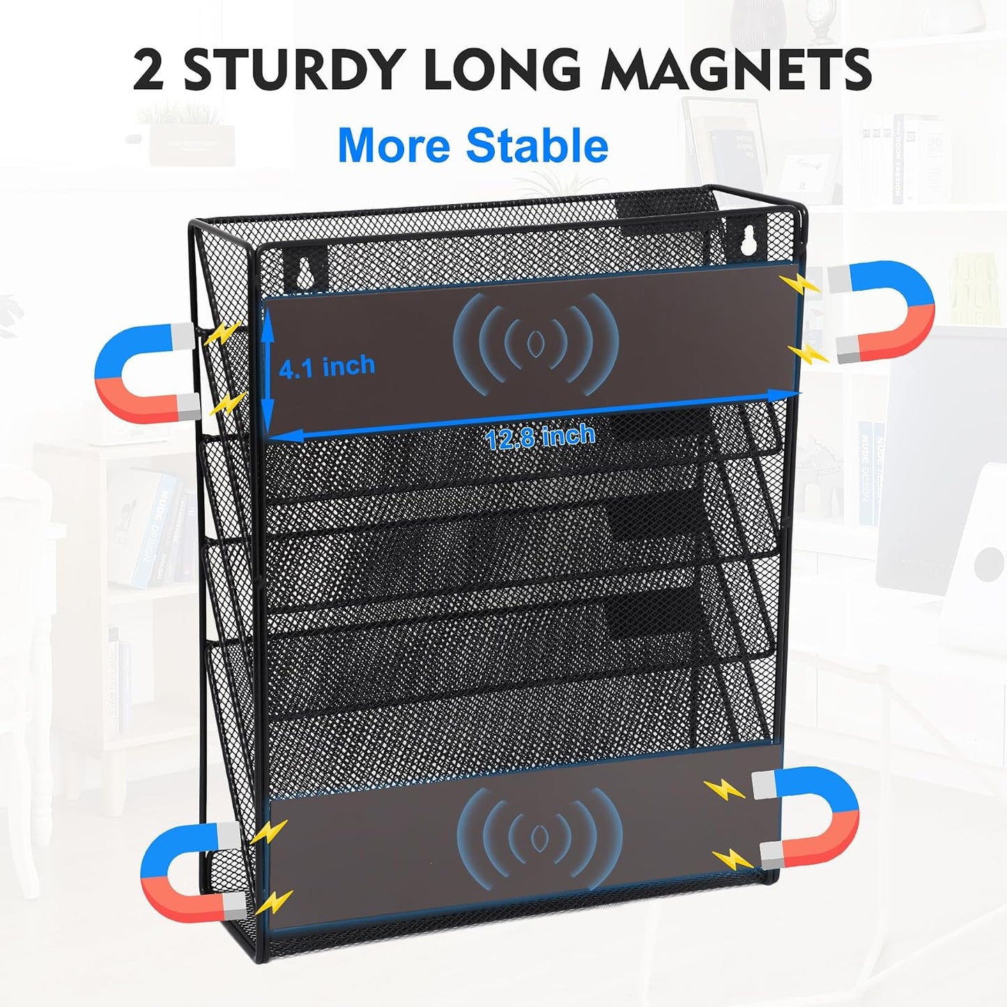 Magnetic File Organizer Mesh 6-Tier, Hanging Wall Mount File Organizer Vertical Holder Rack for Office Home, Black