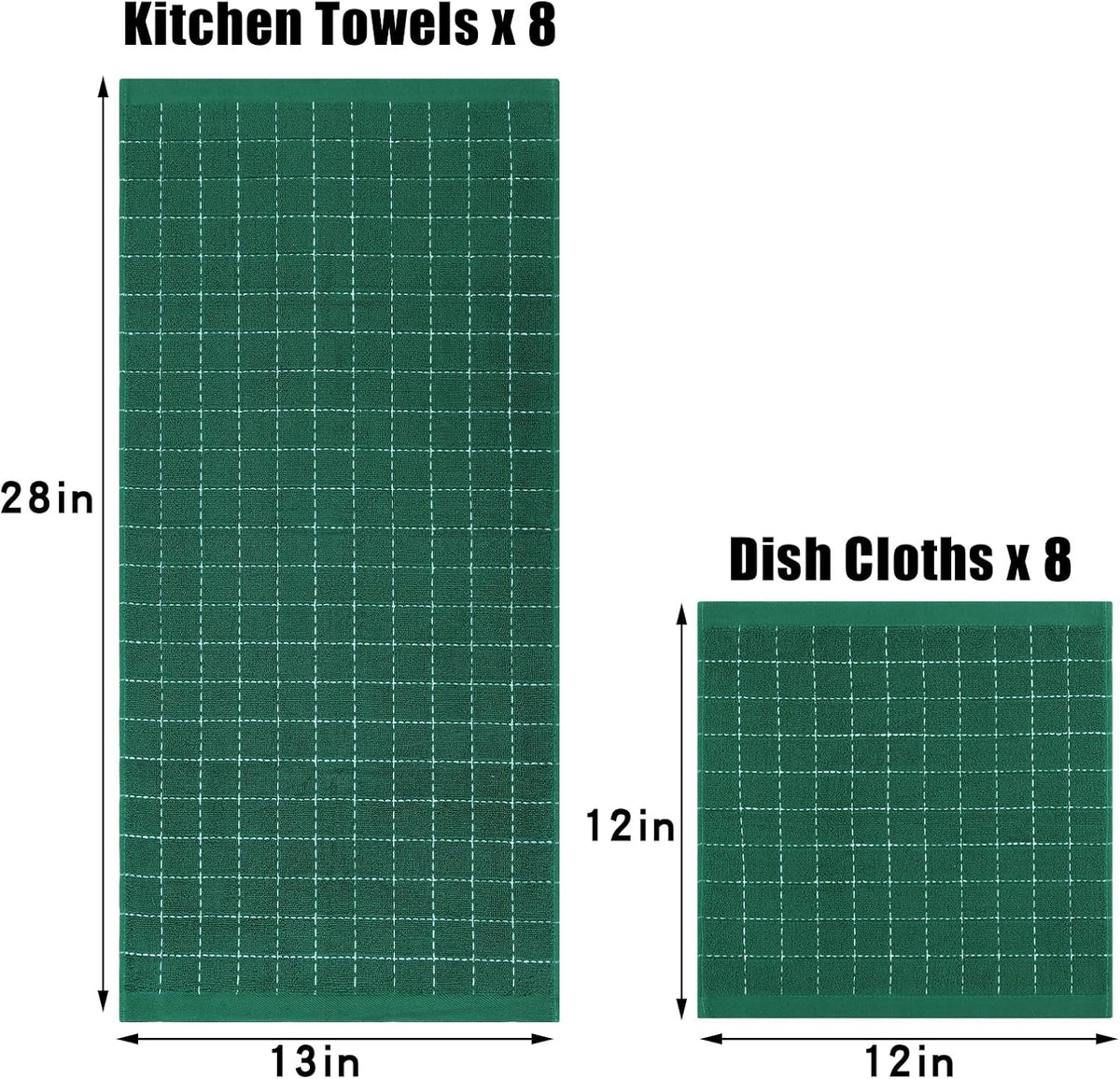 Homaxy Kitchen Towels and Dishcloths Set, Set of 16, Dark Green | Bulk Cotton Terry Kitchen Towels, Checkered Designed